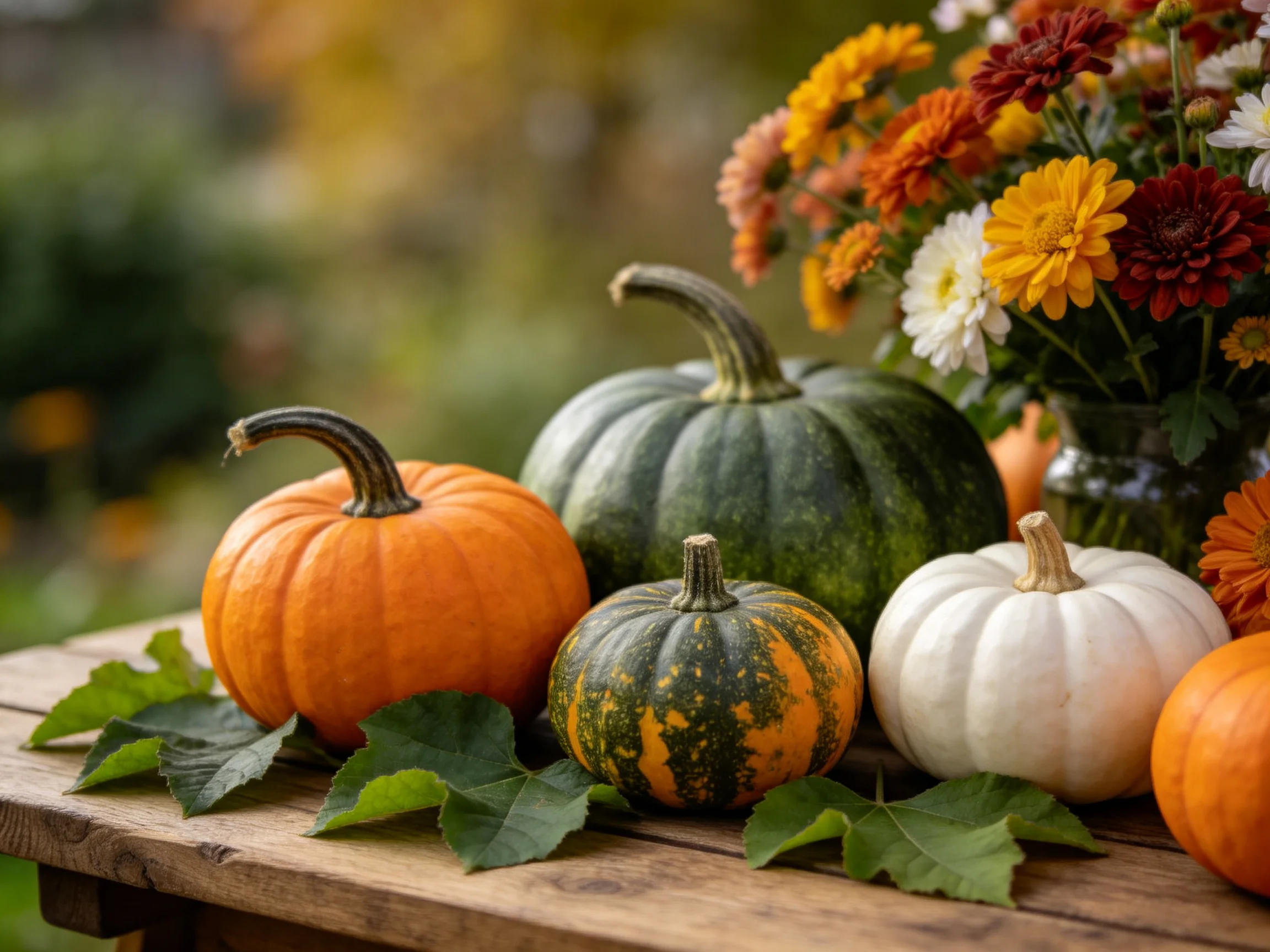 Assorted pumpkins in orange, green, white hues and colorful flowers on a wooden table