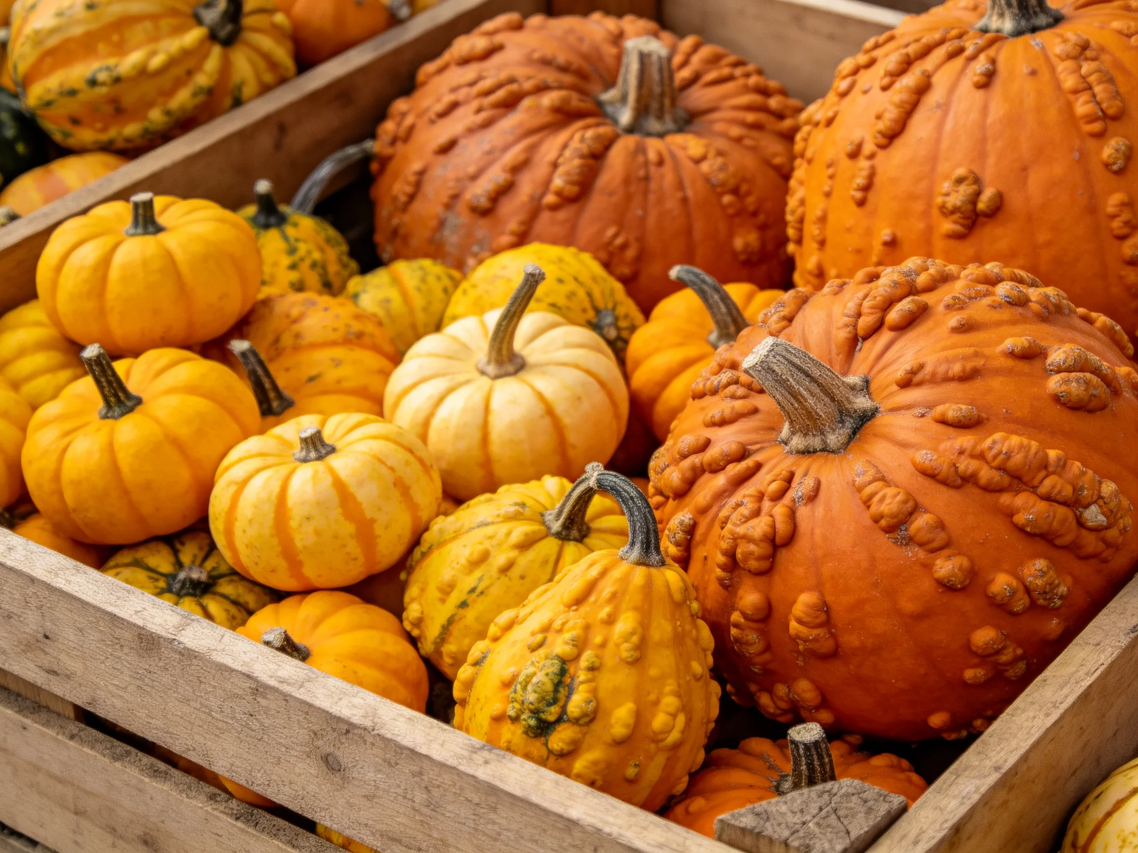 Assorted-sized, colorful gourds and pumpkins fill a wooden crate