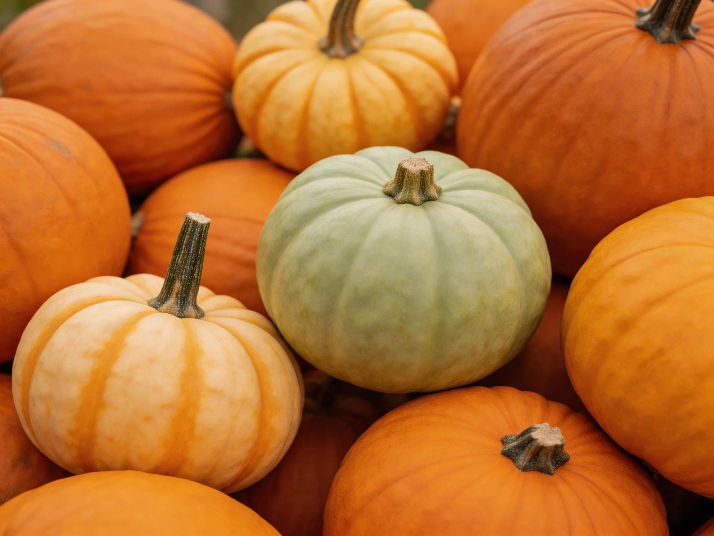 Assorted-sized pumpkins in orange, green, and striped hues clustered together