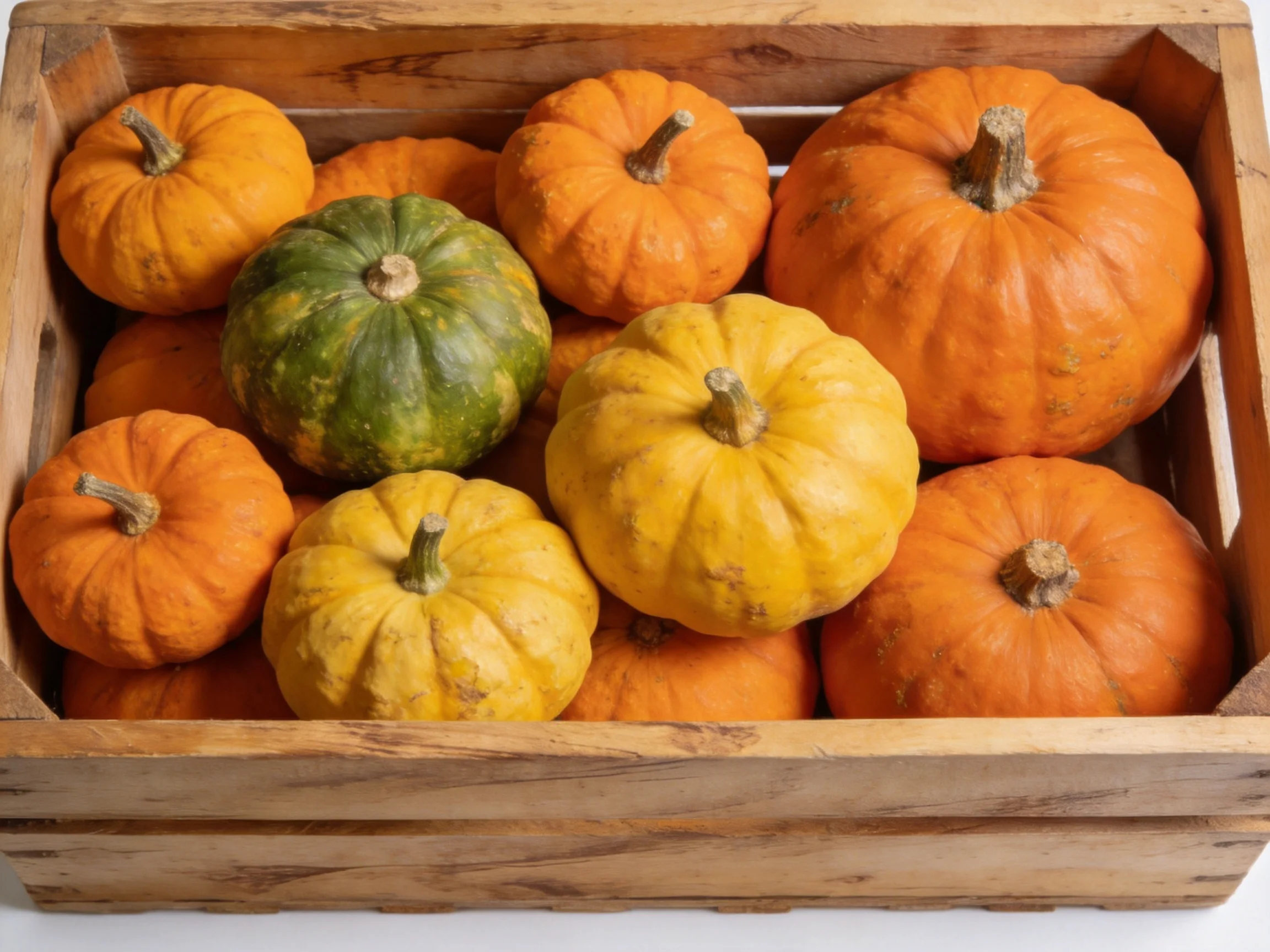 Assorted-sized pumpkins in orange, yellow, and green fill a wooden crate.