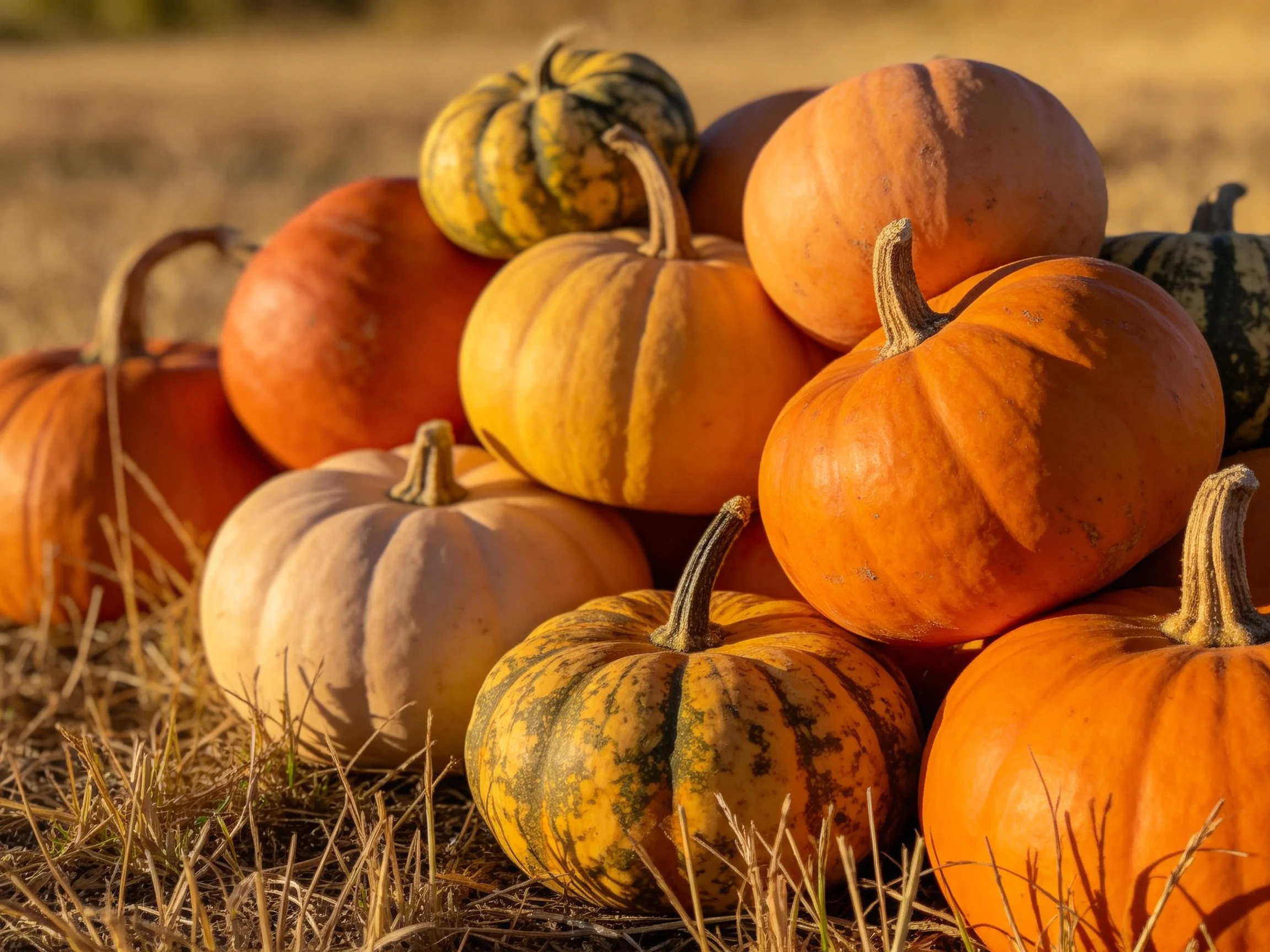 Assorted-sized pumpkins in warm earthy tones stacked on dry grass