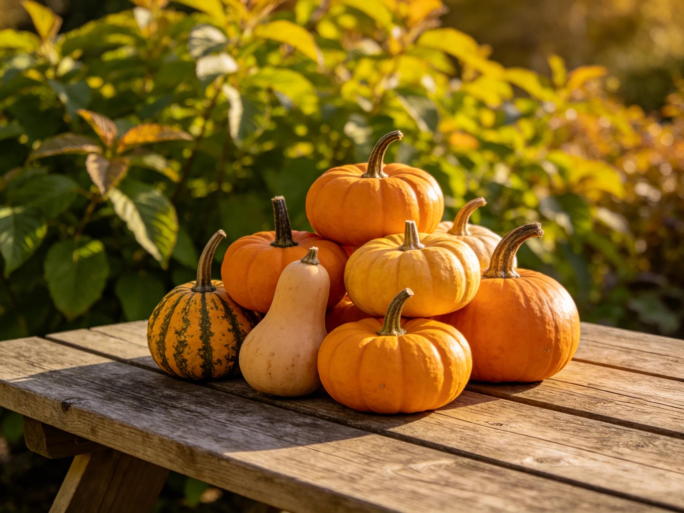 Assorted small pumpkins and a squash arranged on a wooden table in a garden