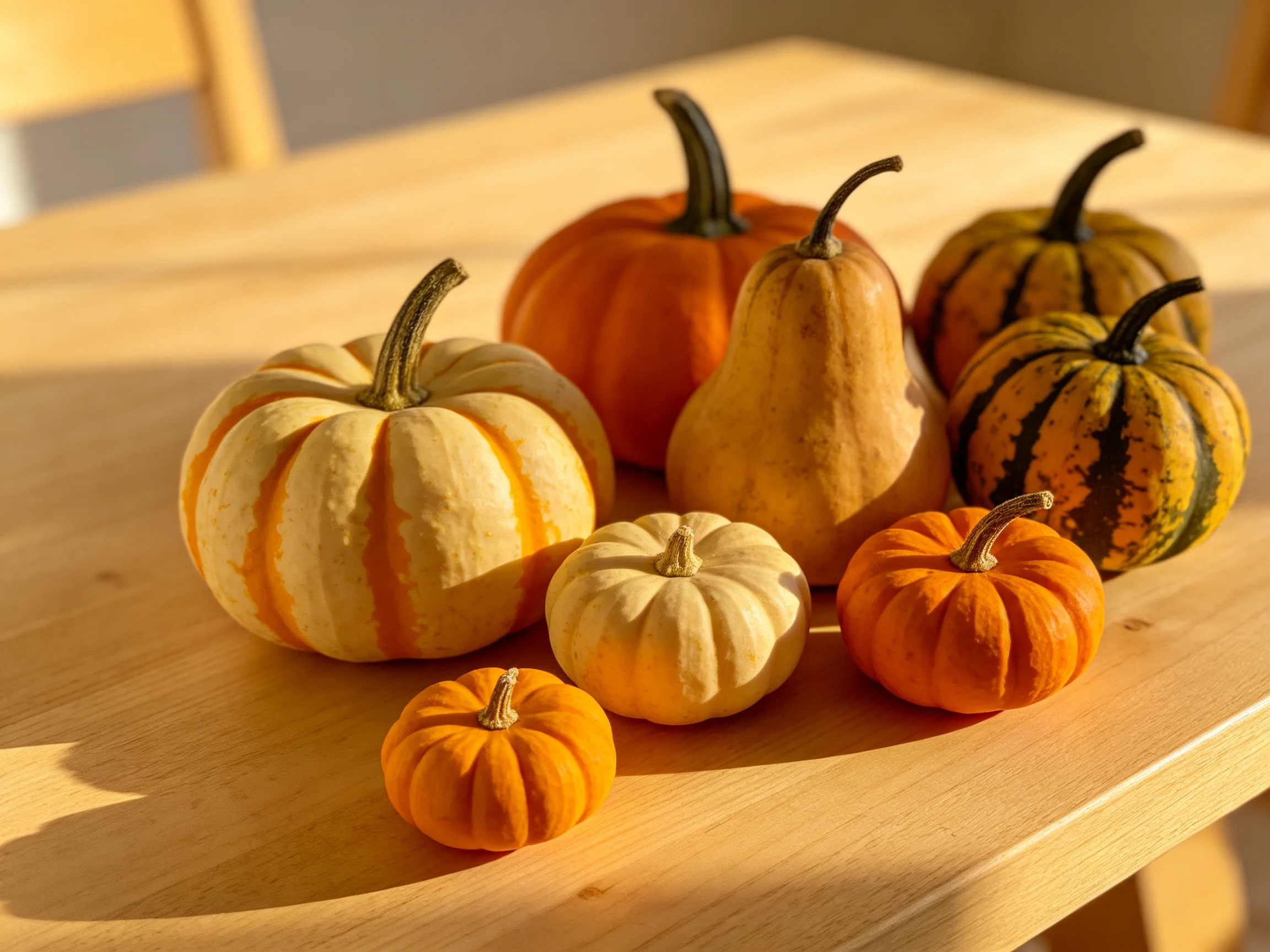 Assorted small pumpkins and gourds in varied hues on a wooden table