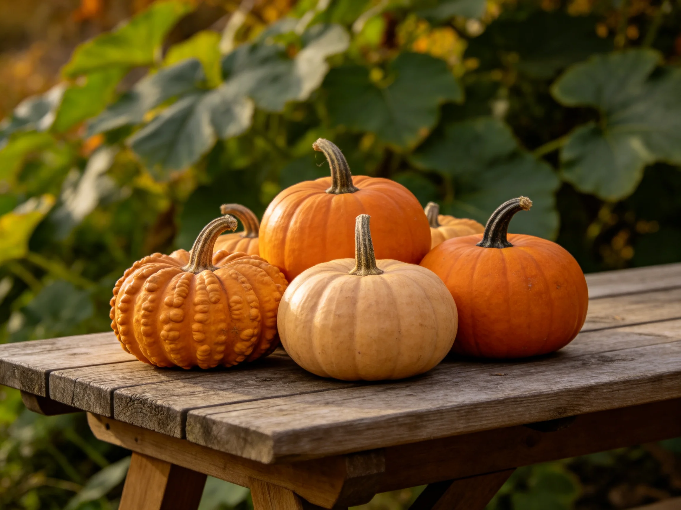 Assorted small pumpkins in orange and beige on a rustic wooden table with green foliage