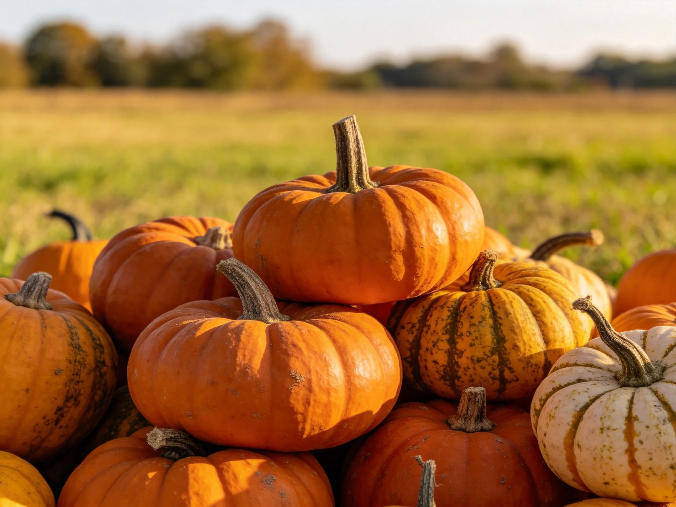 Assorted small pumpkins stacked in a sunlit open field