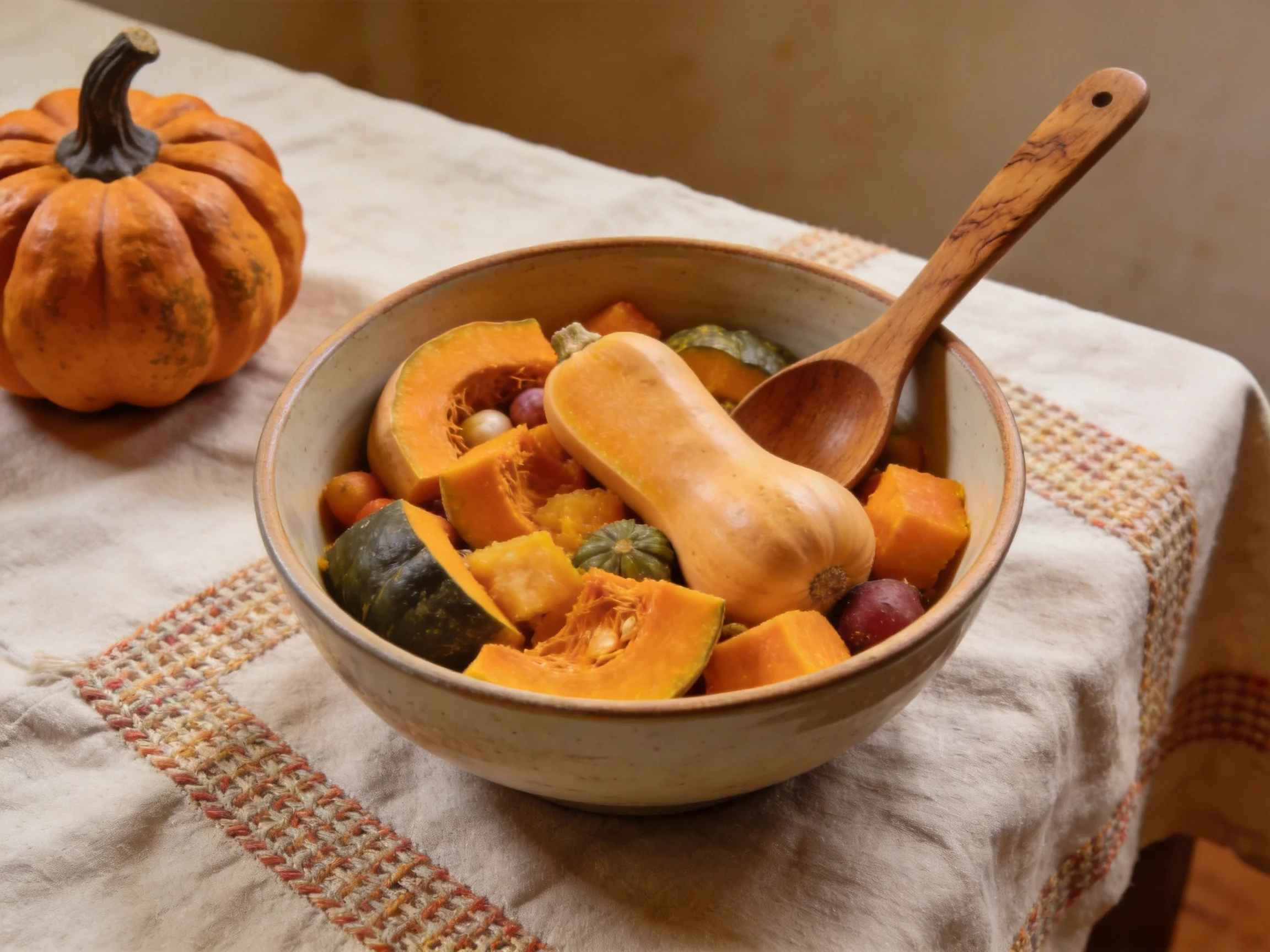 Assorted squashes and a wooden spoon in a bowl with a whole pumpkin