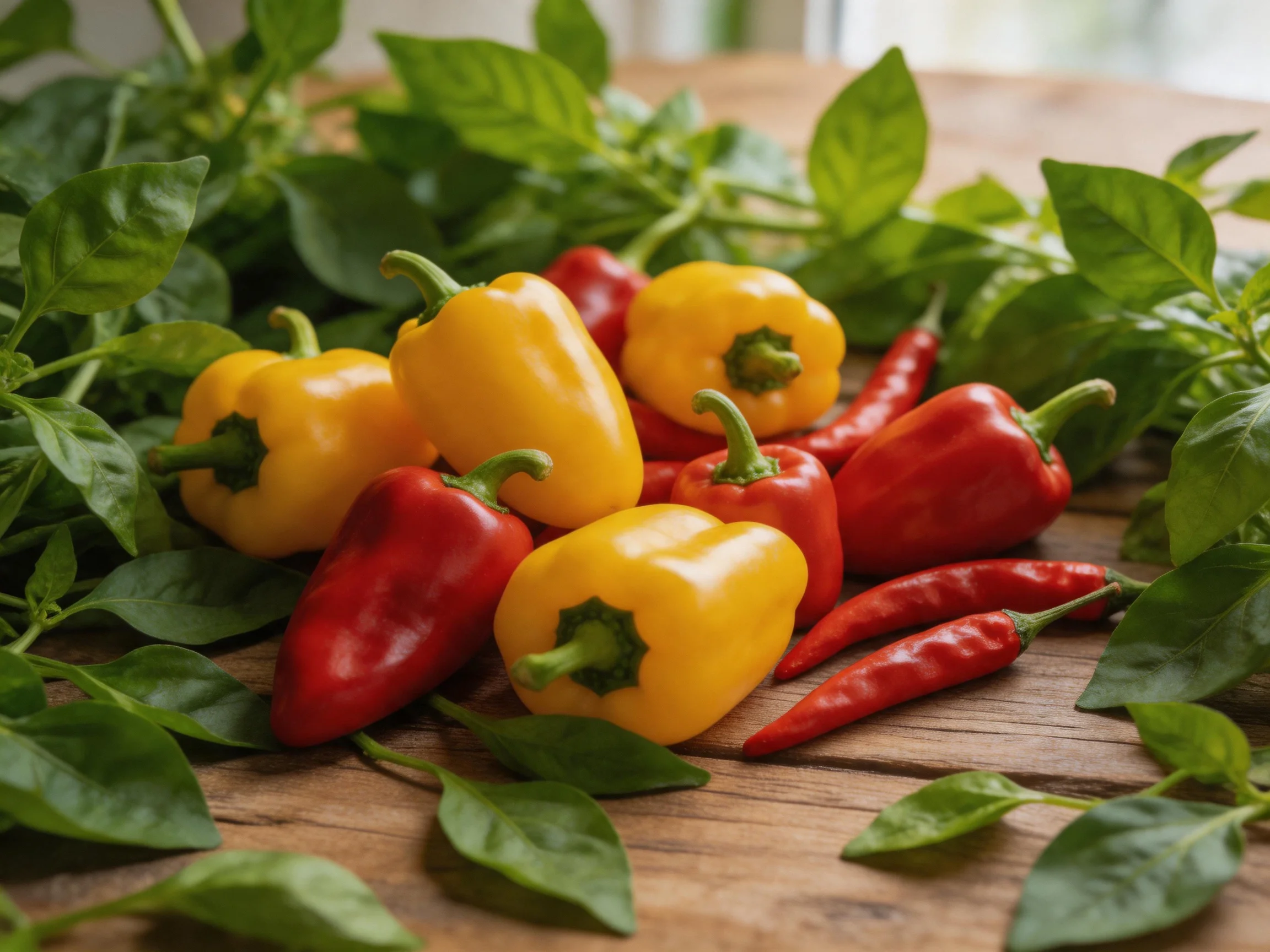 Assortment of colorful peppers and fresh basil on rustic wooden table
