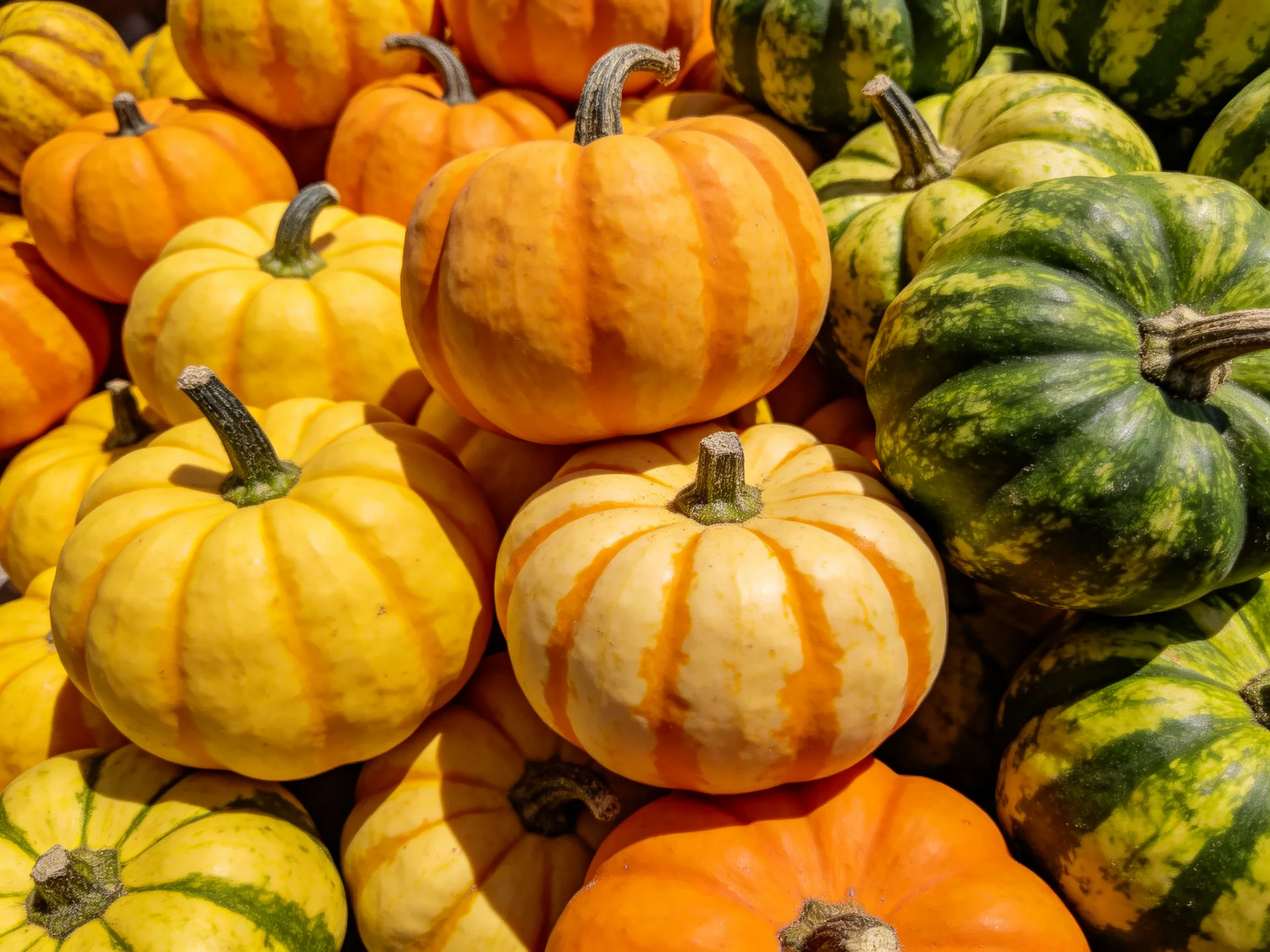 Assortment of colorful small pumpkins and stripedgourds displayed together