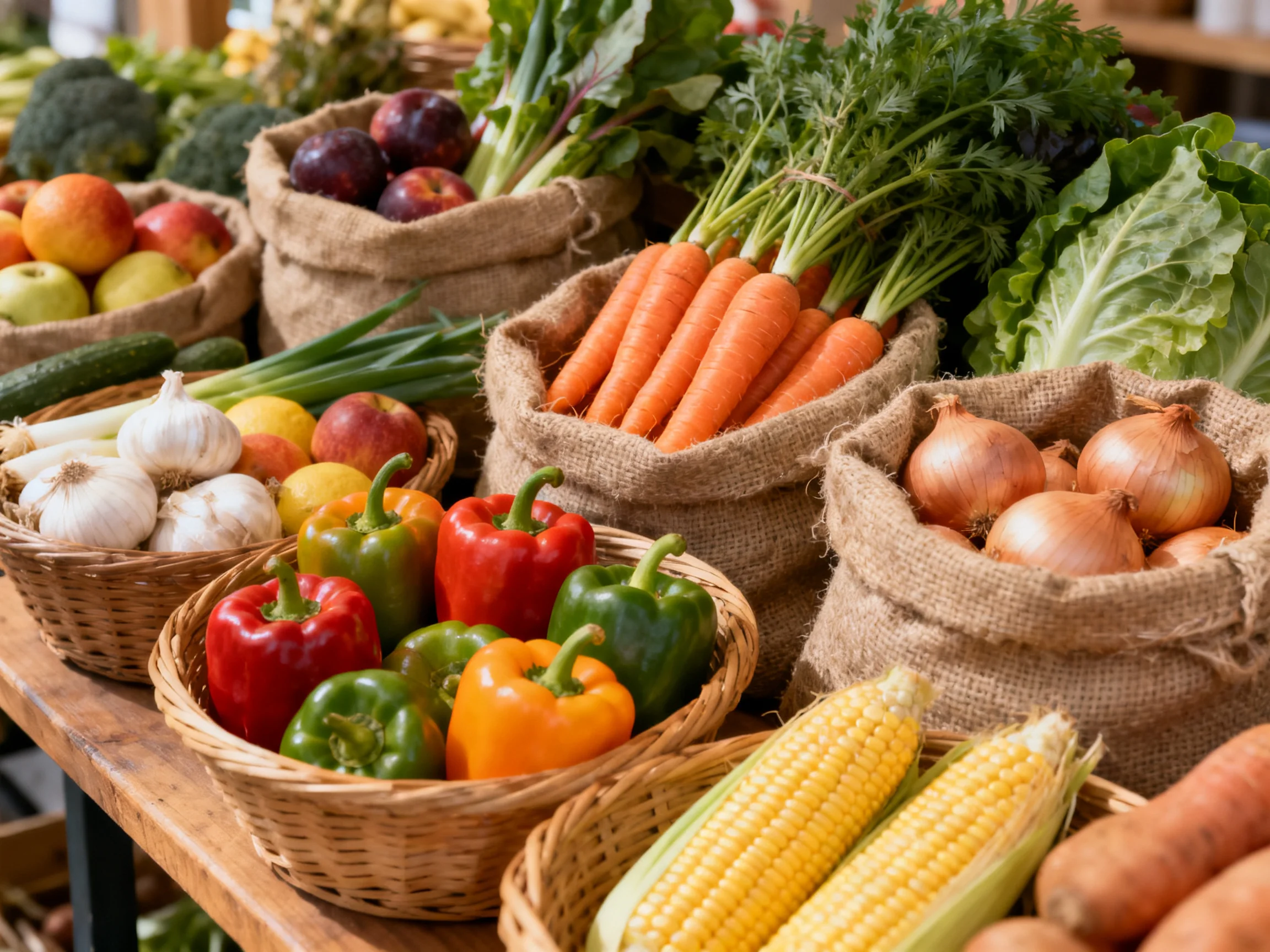 Assortment of fresh vegetables and fruits in baskets and burlap sacks