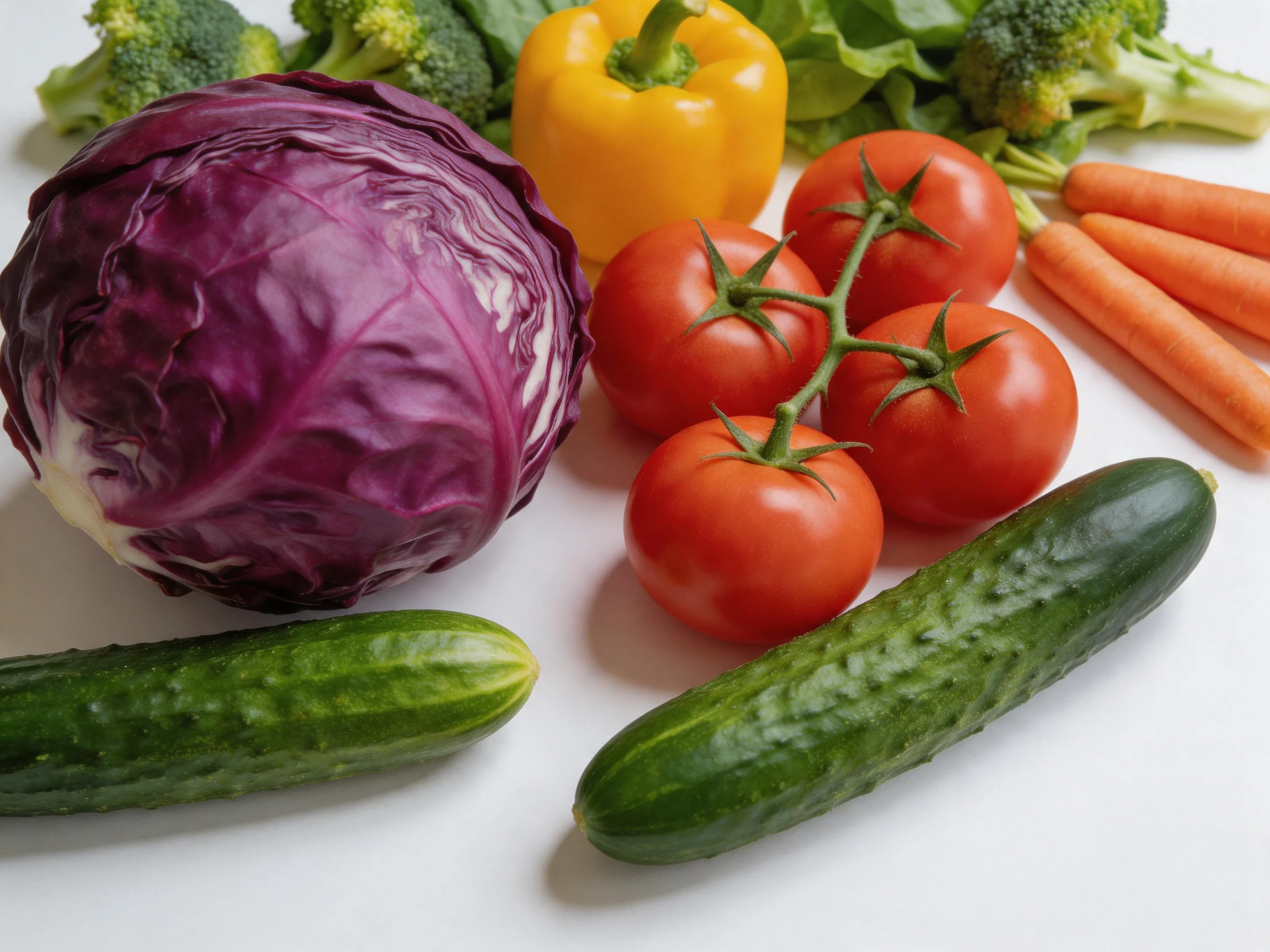Assortment of fresh vegetables including purple cabbage, yellow pepper, tomatoes, broccoli, carrots, 