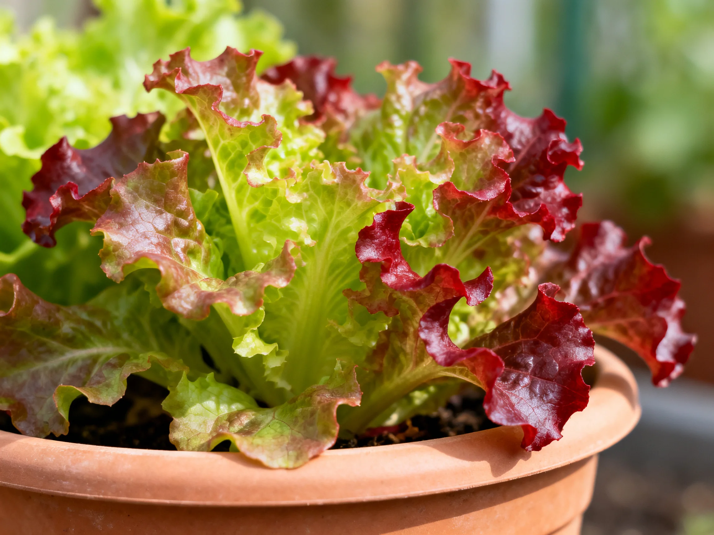 Aterracotta pot holds vibrant green and red leafy greens