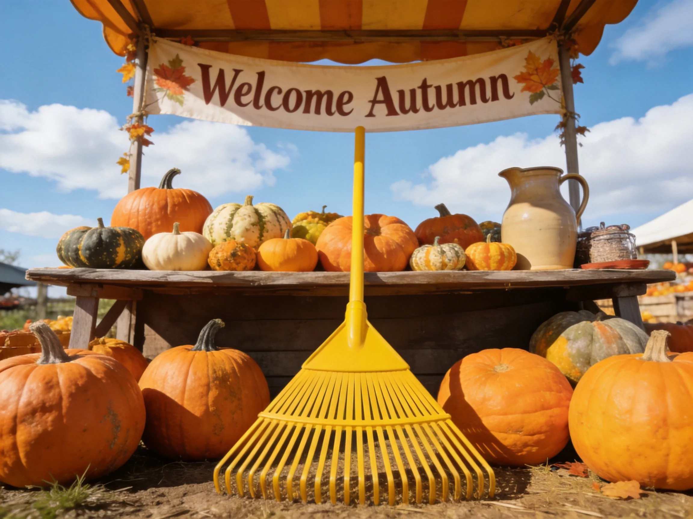 Autumn Market Stand with Multicolored Pumpkins, Yellow Rake, and Welcome Banner