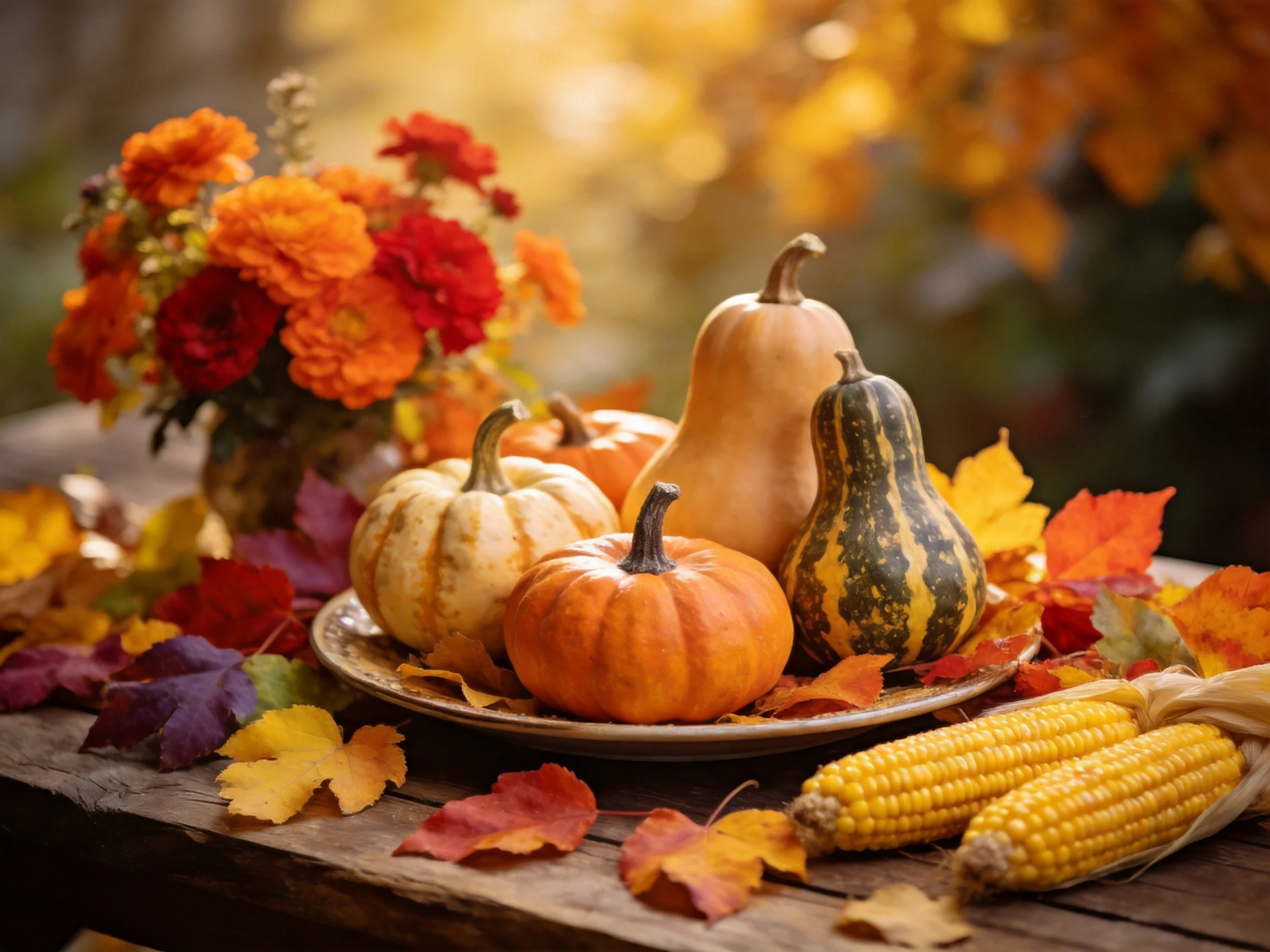 Autumn harvest display with assorted gourds, pumpkins, corn, and vibrant flowers
