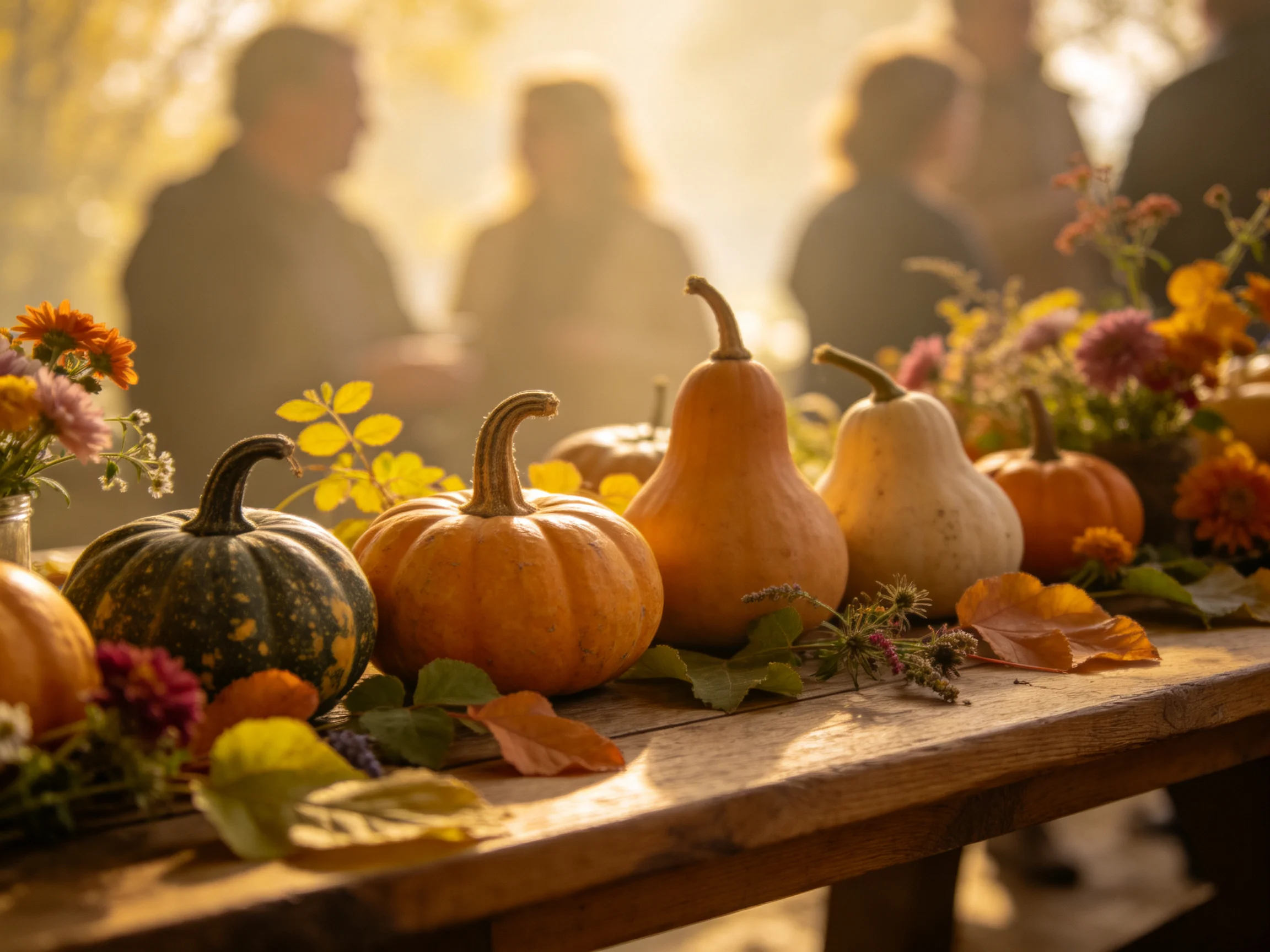 Autumn harvest display with colorful gourds and flowers on wooden table