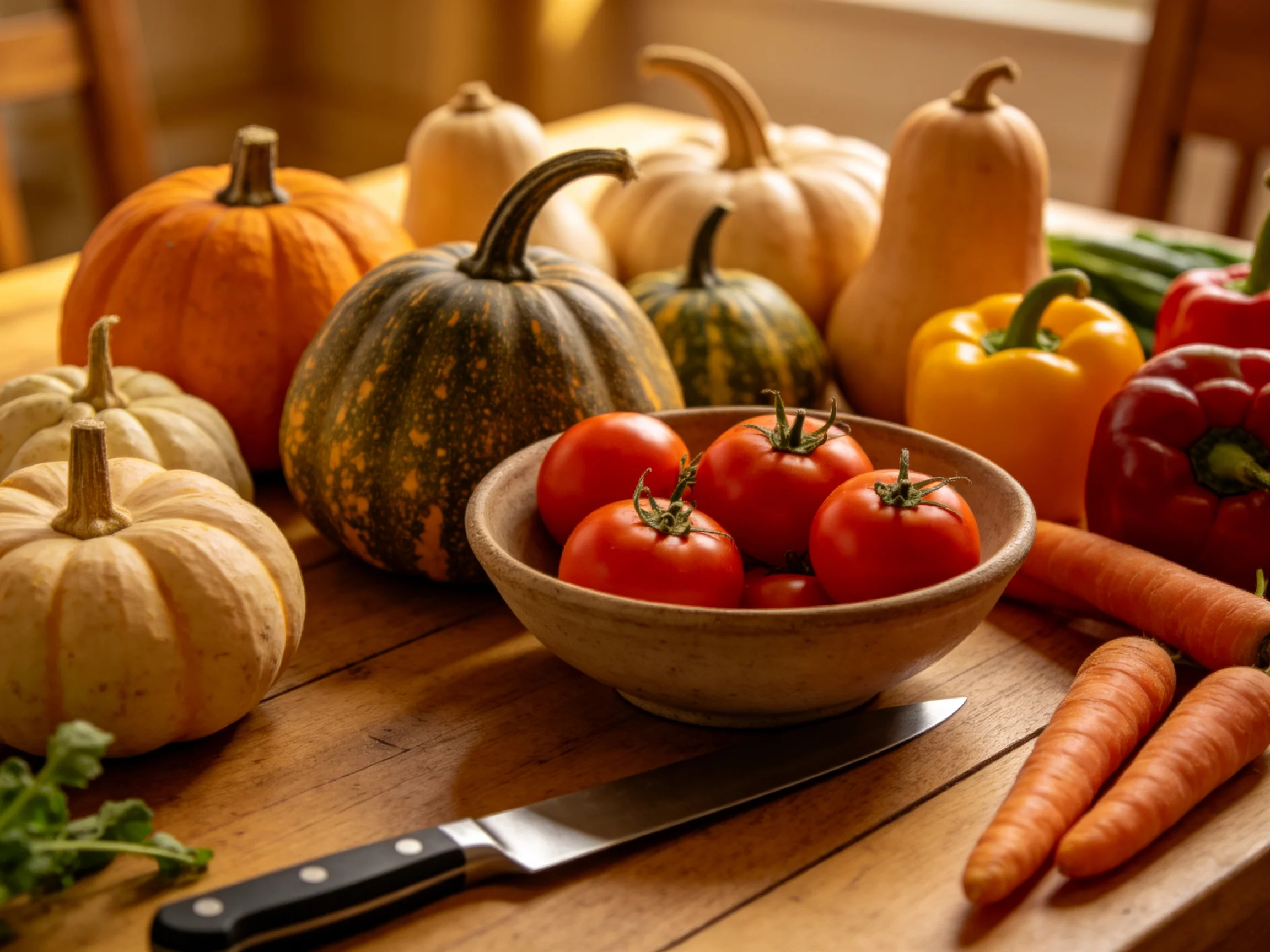 Autumn vegetables including pumpkins, tomatoes, bell peppers, and carrots on a wooden table