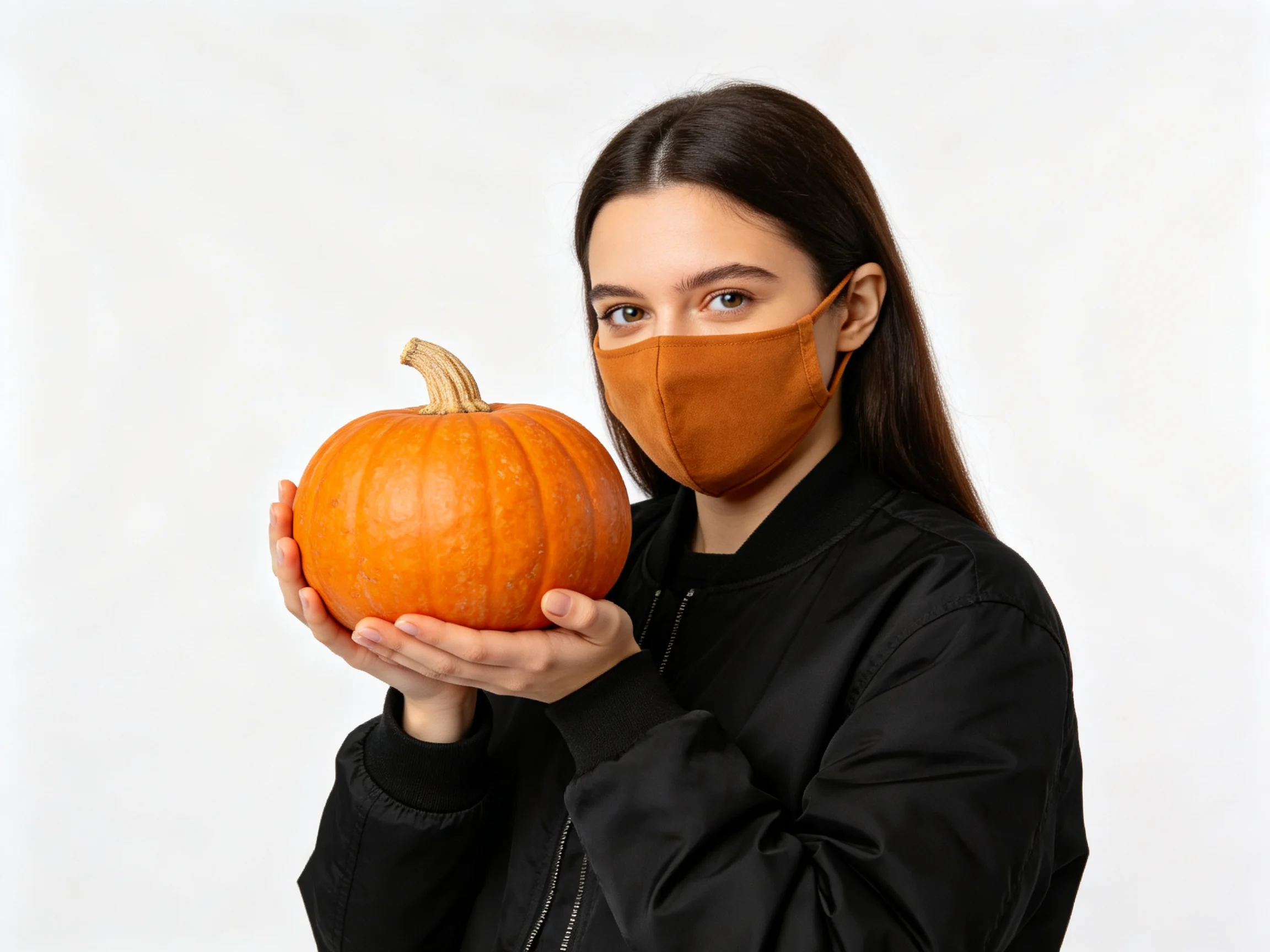 Awoman in a black jacket holds a large orange pumpkin with a brown mask