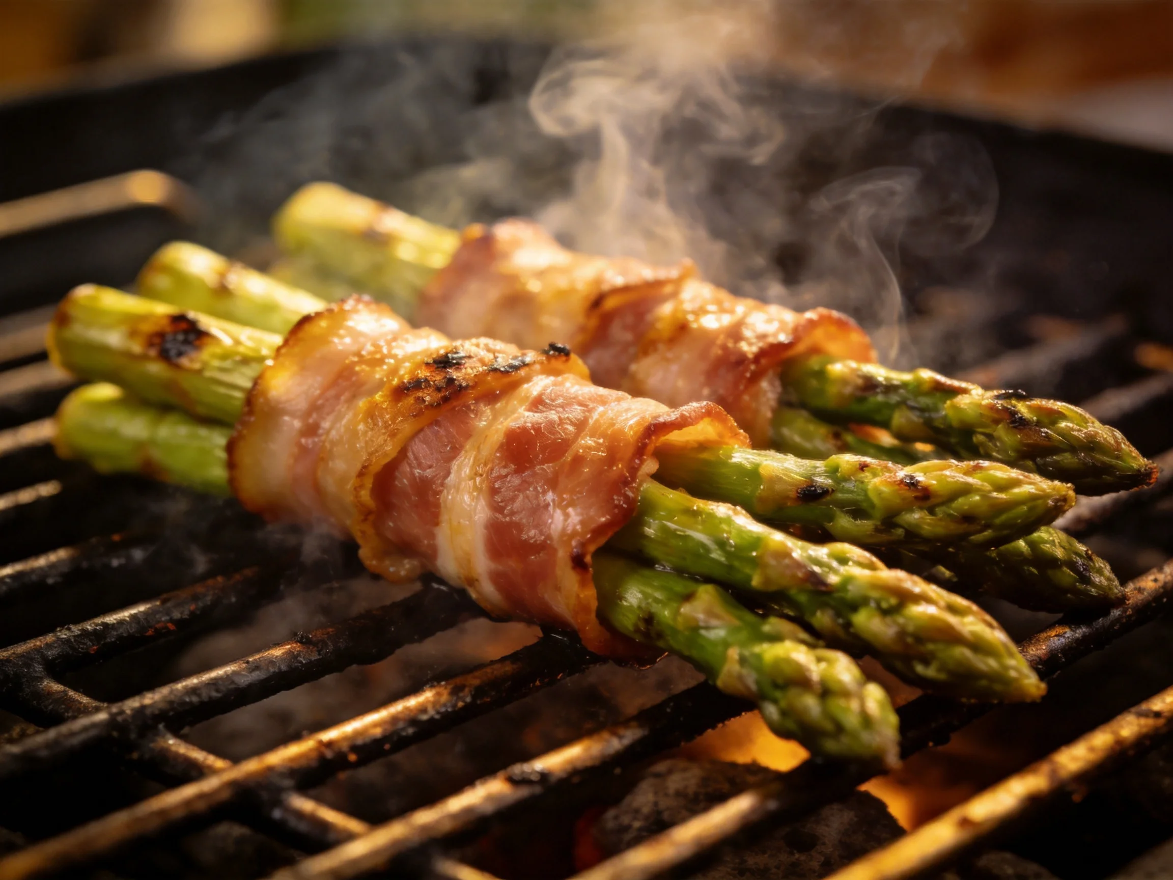 Bacon-wrapped asparagus bundles grilling on a hot charcoal grill with rising smoke