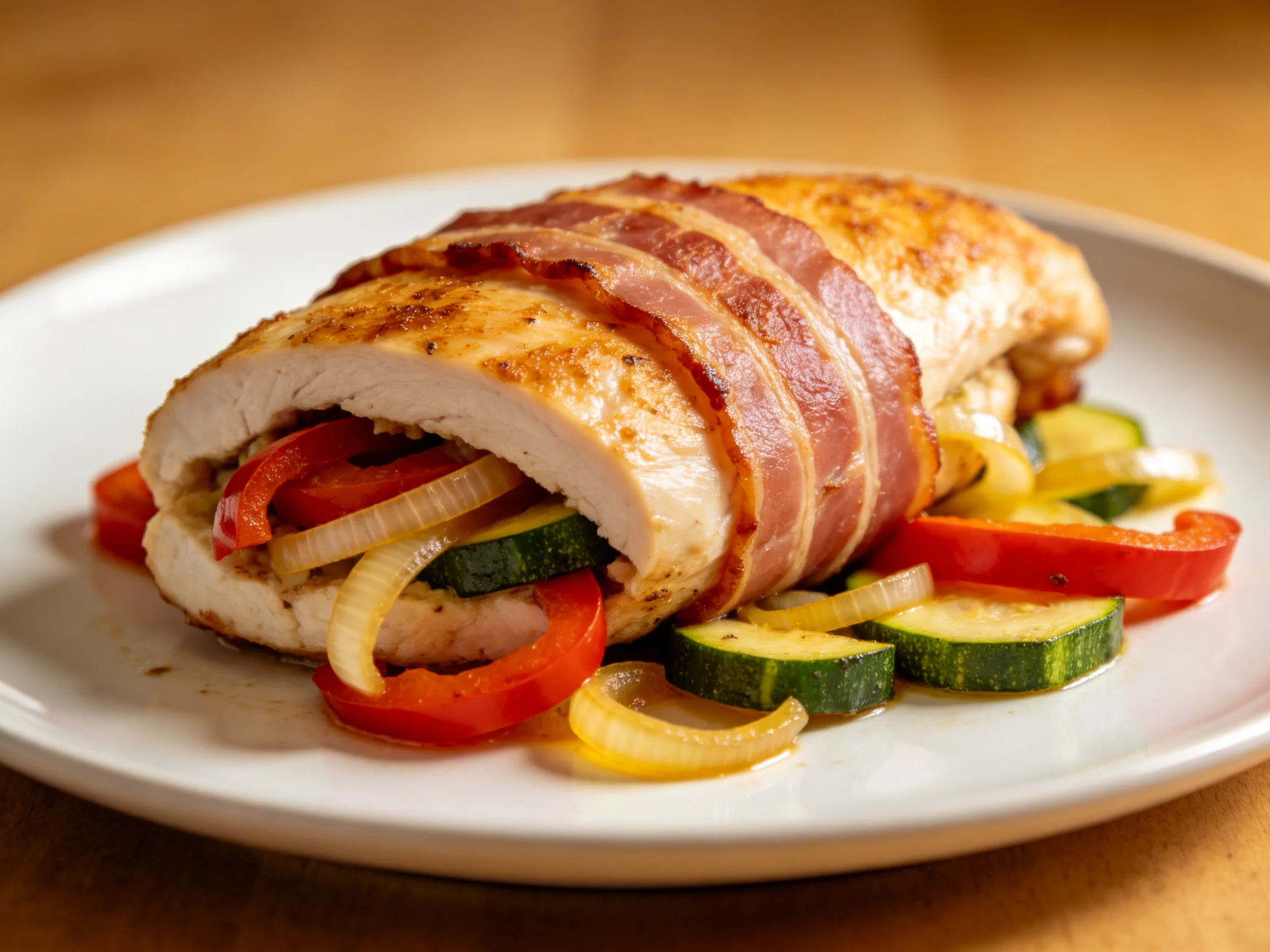 Bacon-wrapped stuffed chicken with roasted red peppers, zucchini, and onions