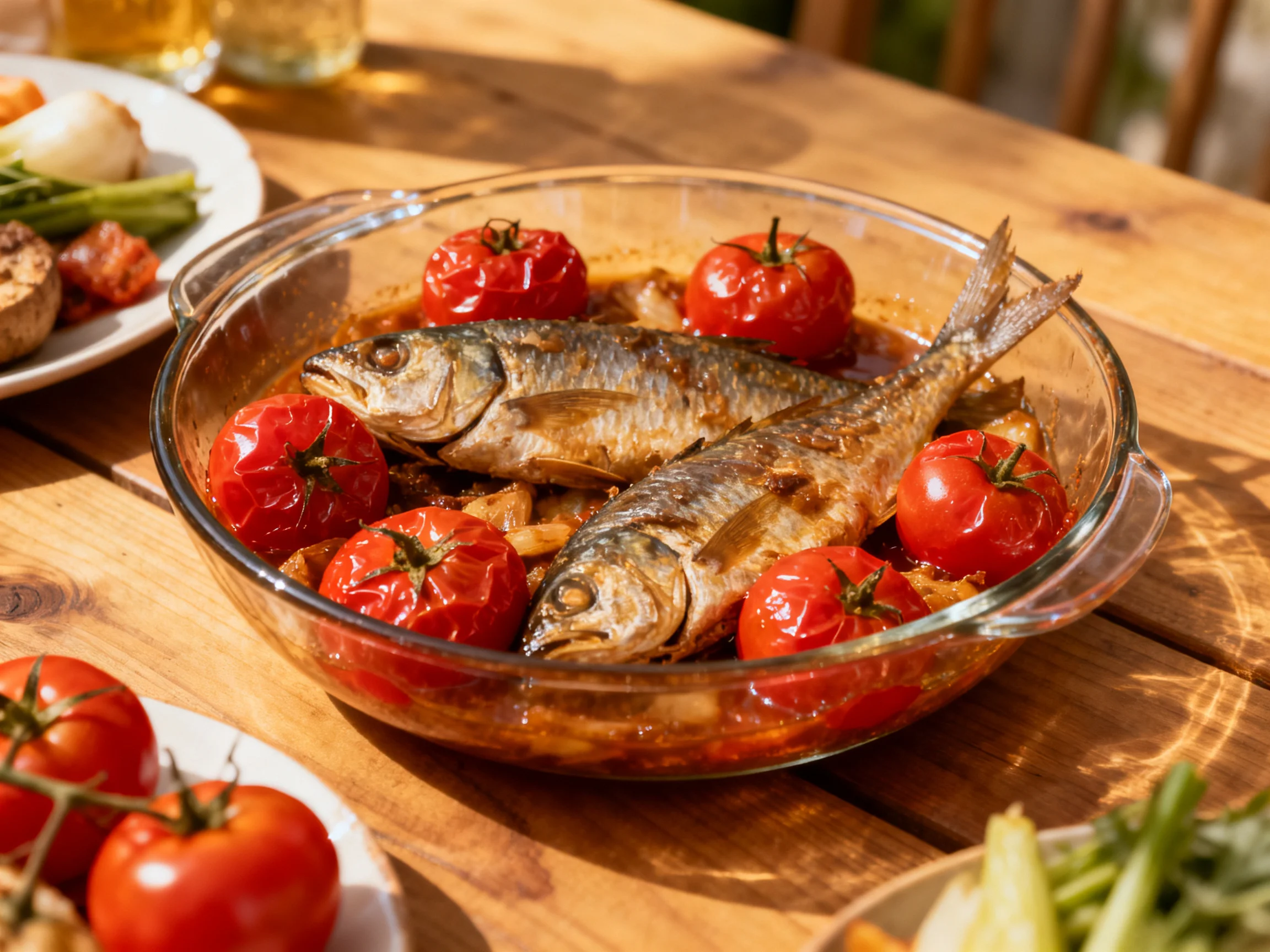 Baked Fish with Roasted Cherry Tomatoes on Wooden Table