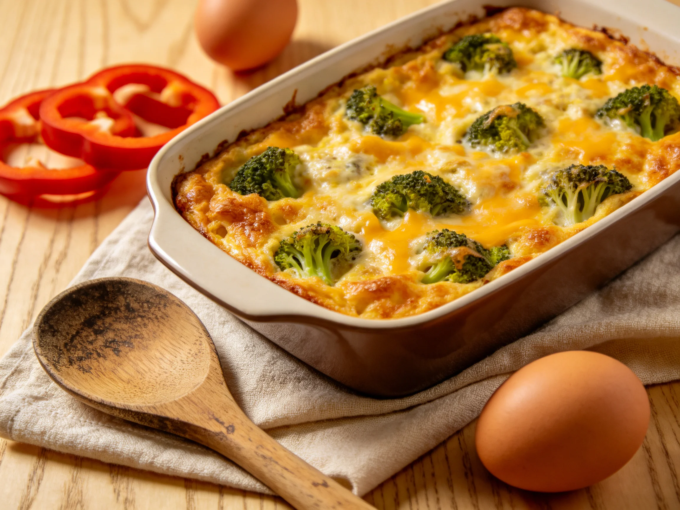 A baked broccoli and cheese casserole is with sliced peppers and eggs
