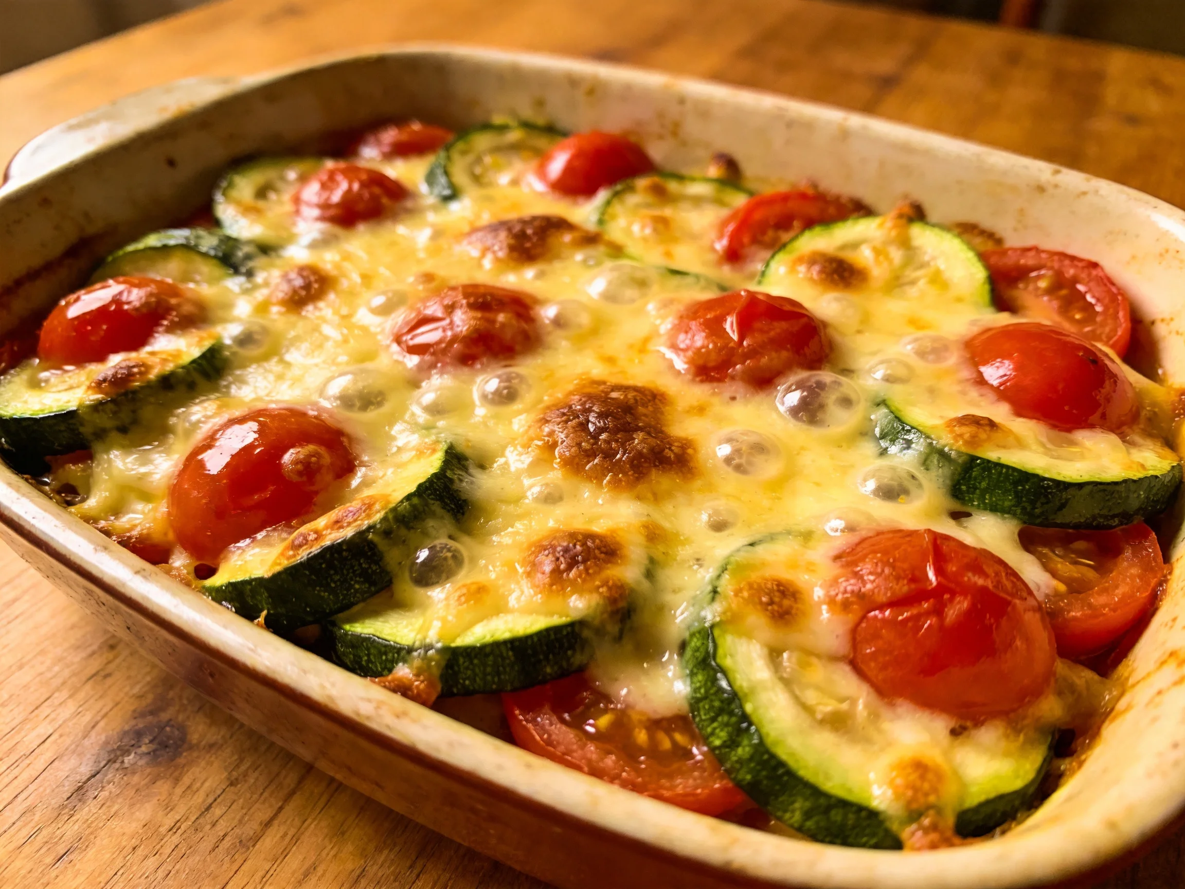 Baked zucchini and cherry tomato casserole with melted cheese