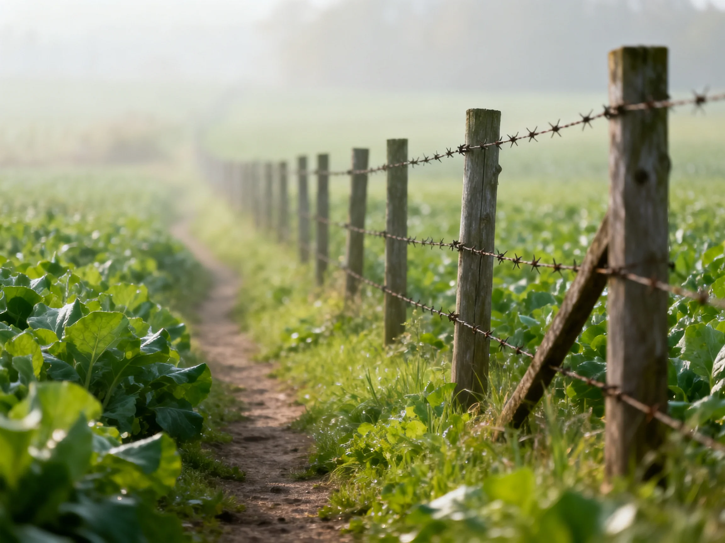Barbed wire fence alongside lush green field with winding dirt path