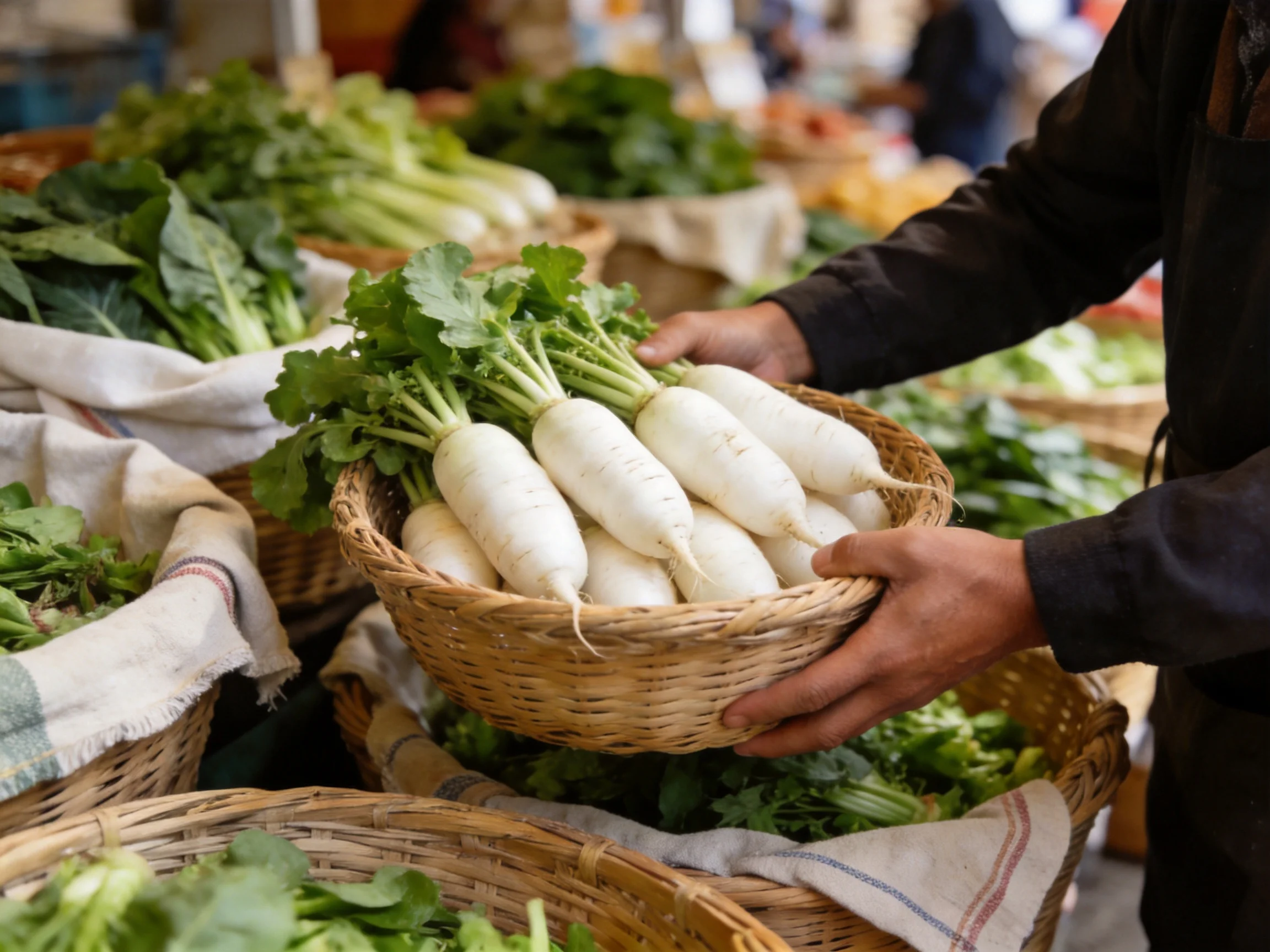 Basket of fresh white radishes at outdoor market