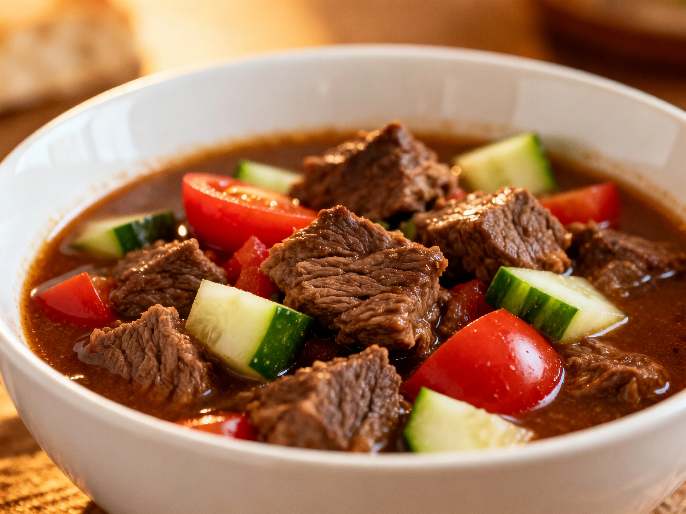 Beef Stew with Diced Beef, Tomatoes, and Cucumbers in Rich Brown Broth