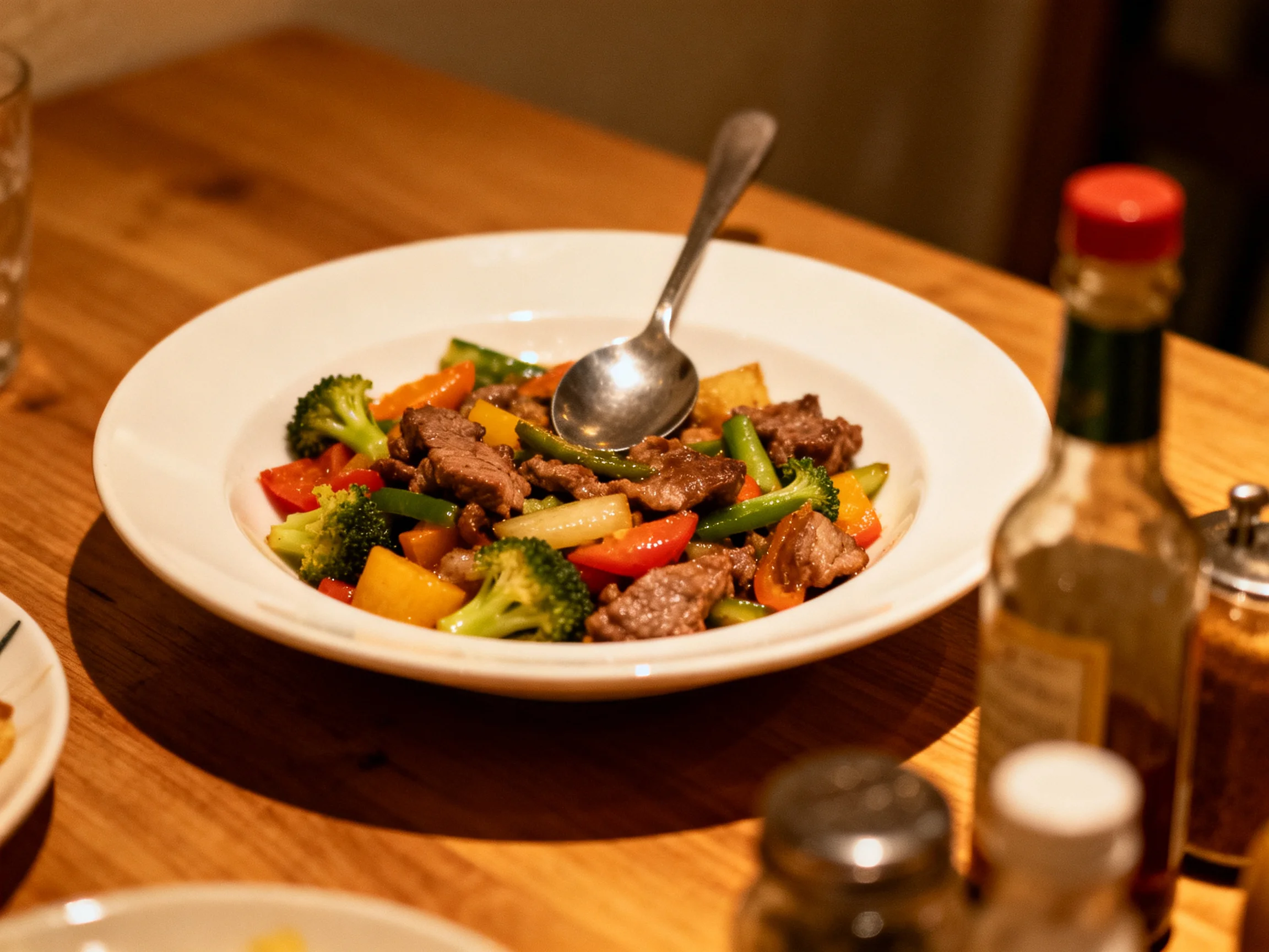 Beef and vegetable stir - fry in a white bowl on a wooden table