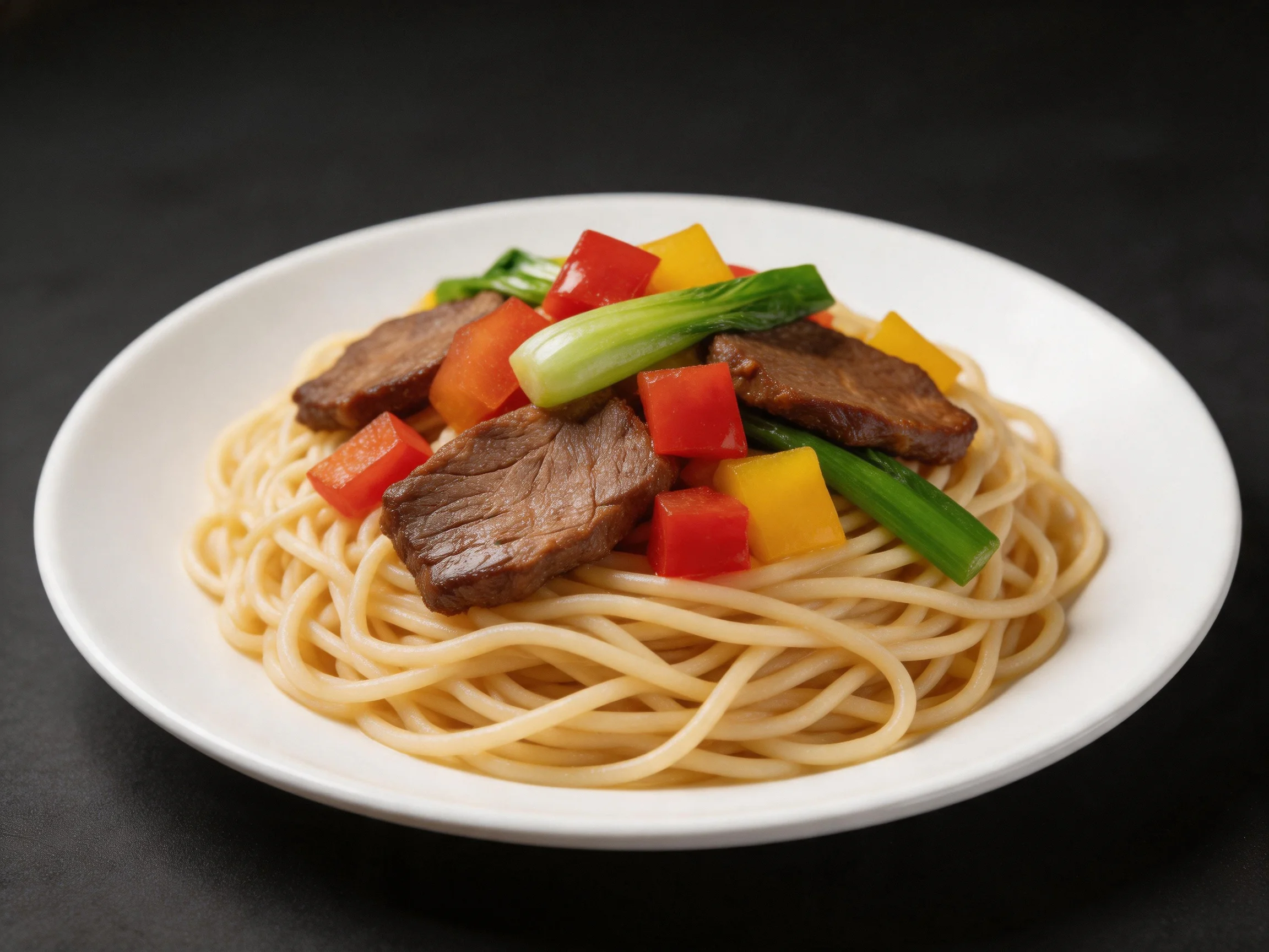 Beef and vegetable stir-fry served over noodles in a white dish