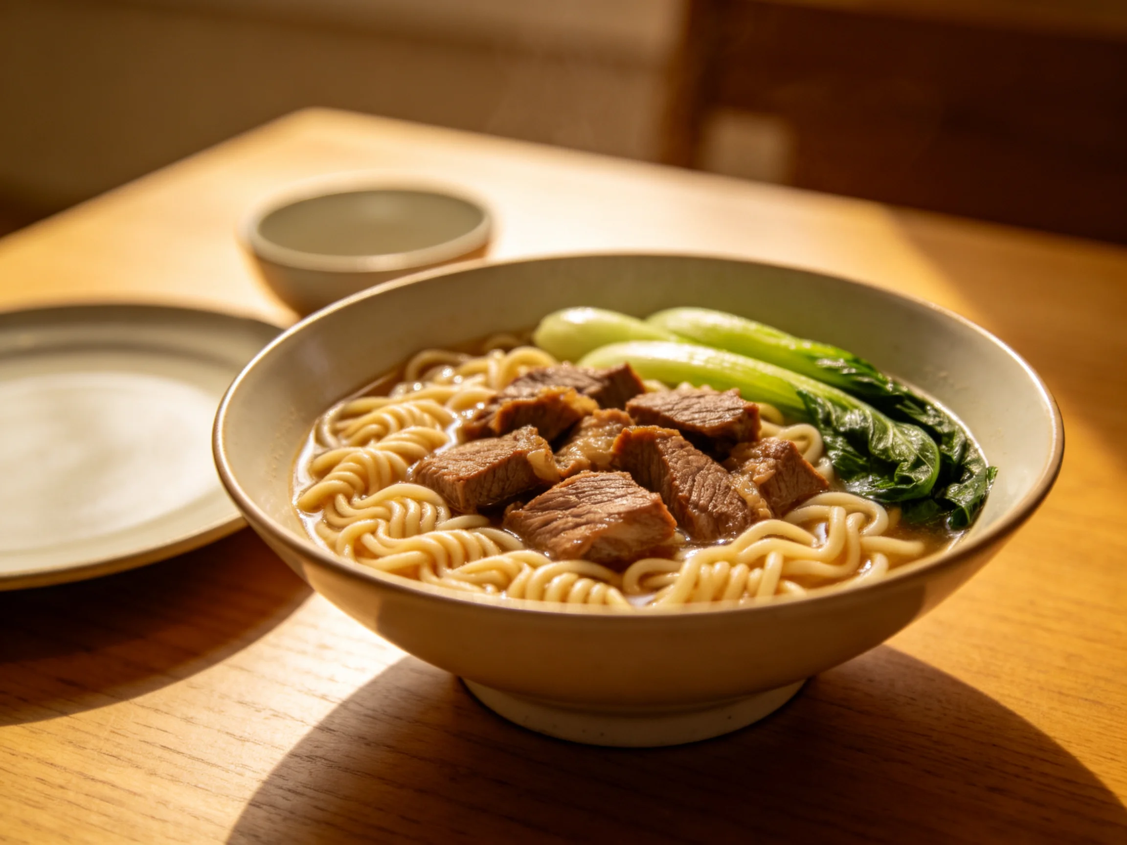 Ceramic bowl of beef noodle soup with vegetables placed on wooden table