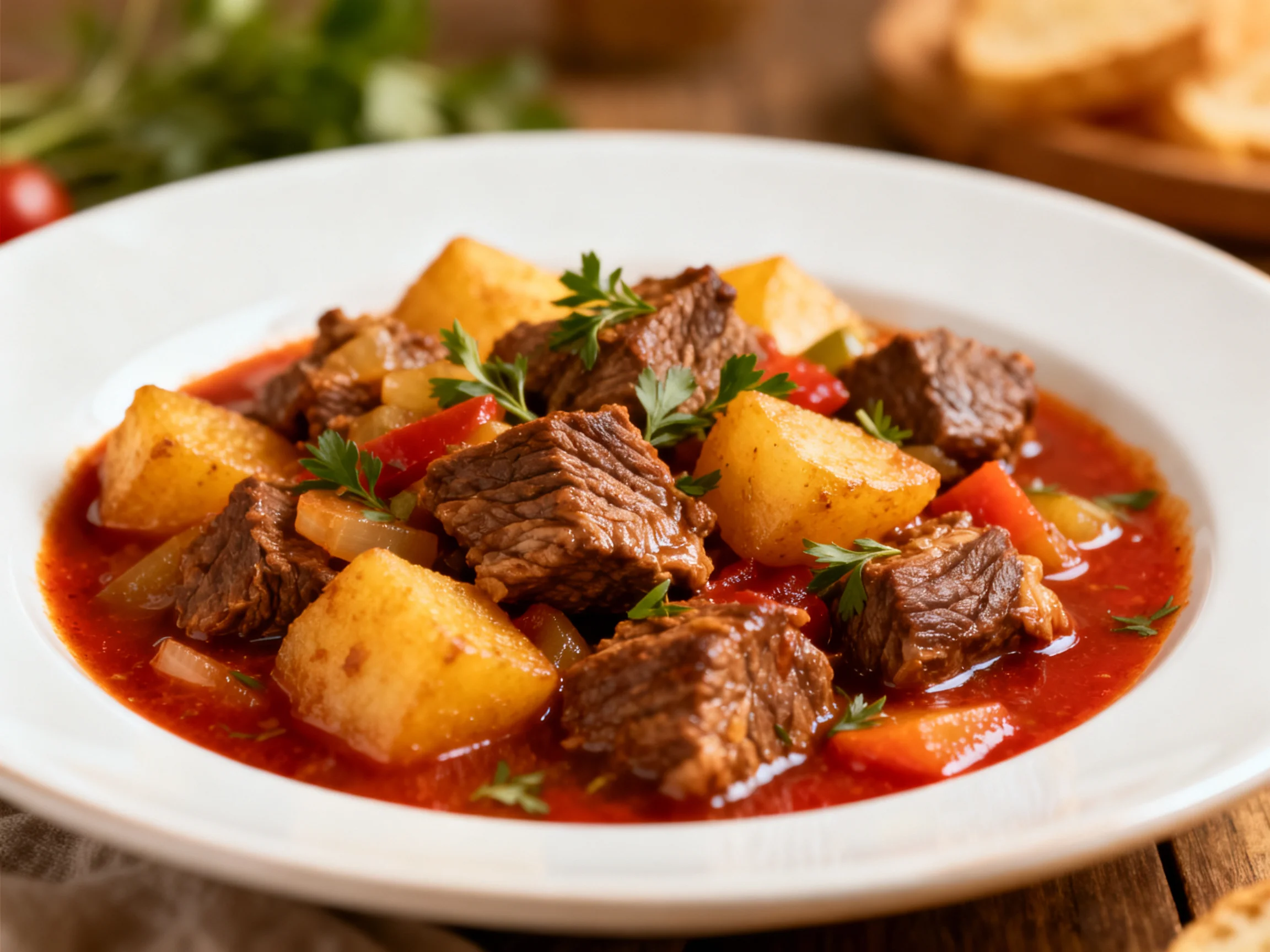 Beef stew with potatoes and vegetables in red tomato sauce garnished with parsley
