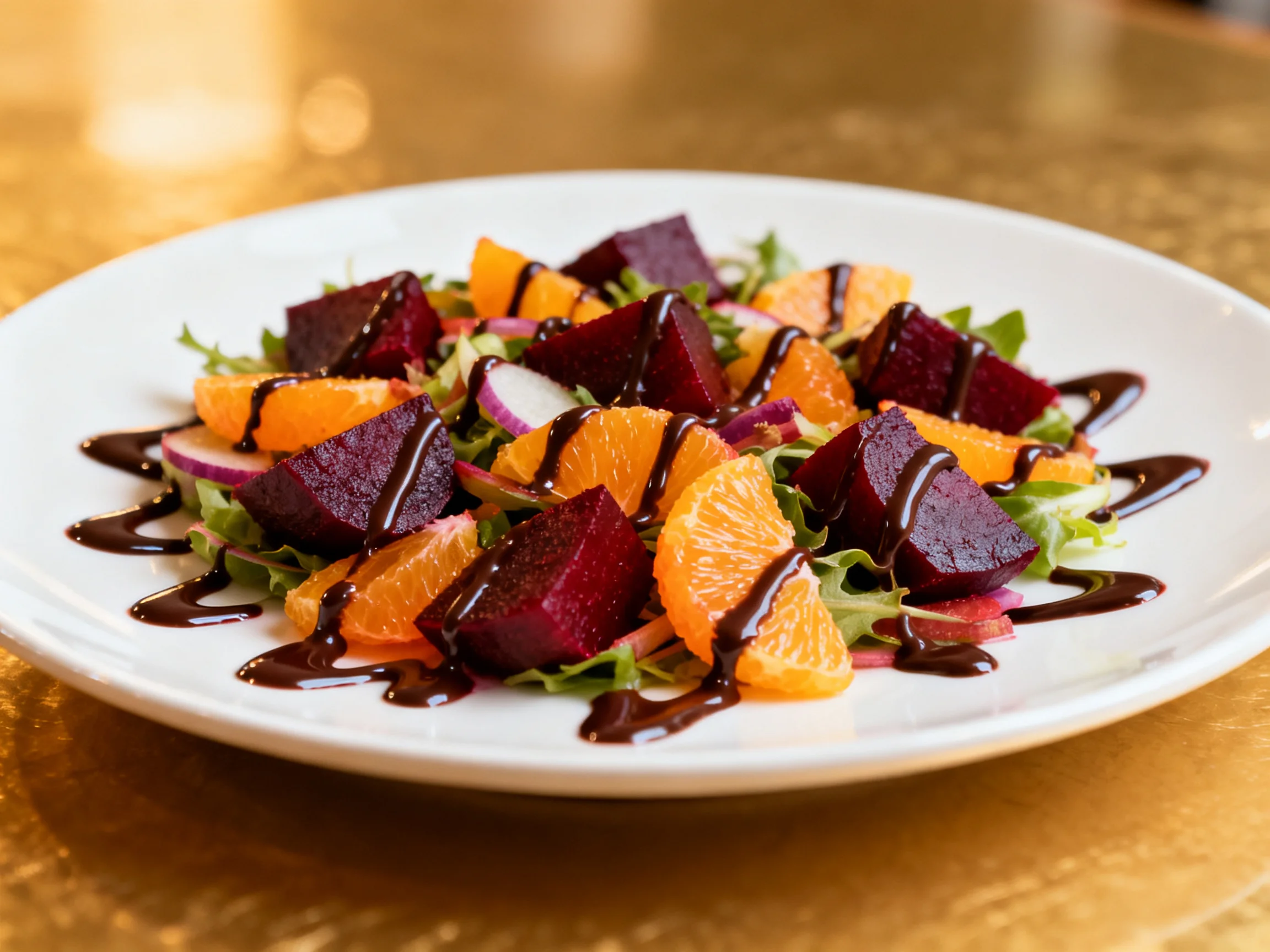 Beet and orange salad with dark chocolate drizzle on white plate