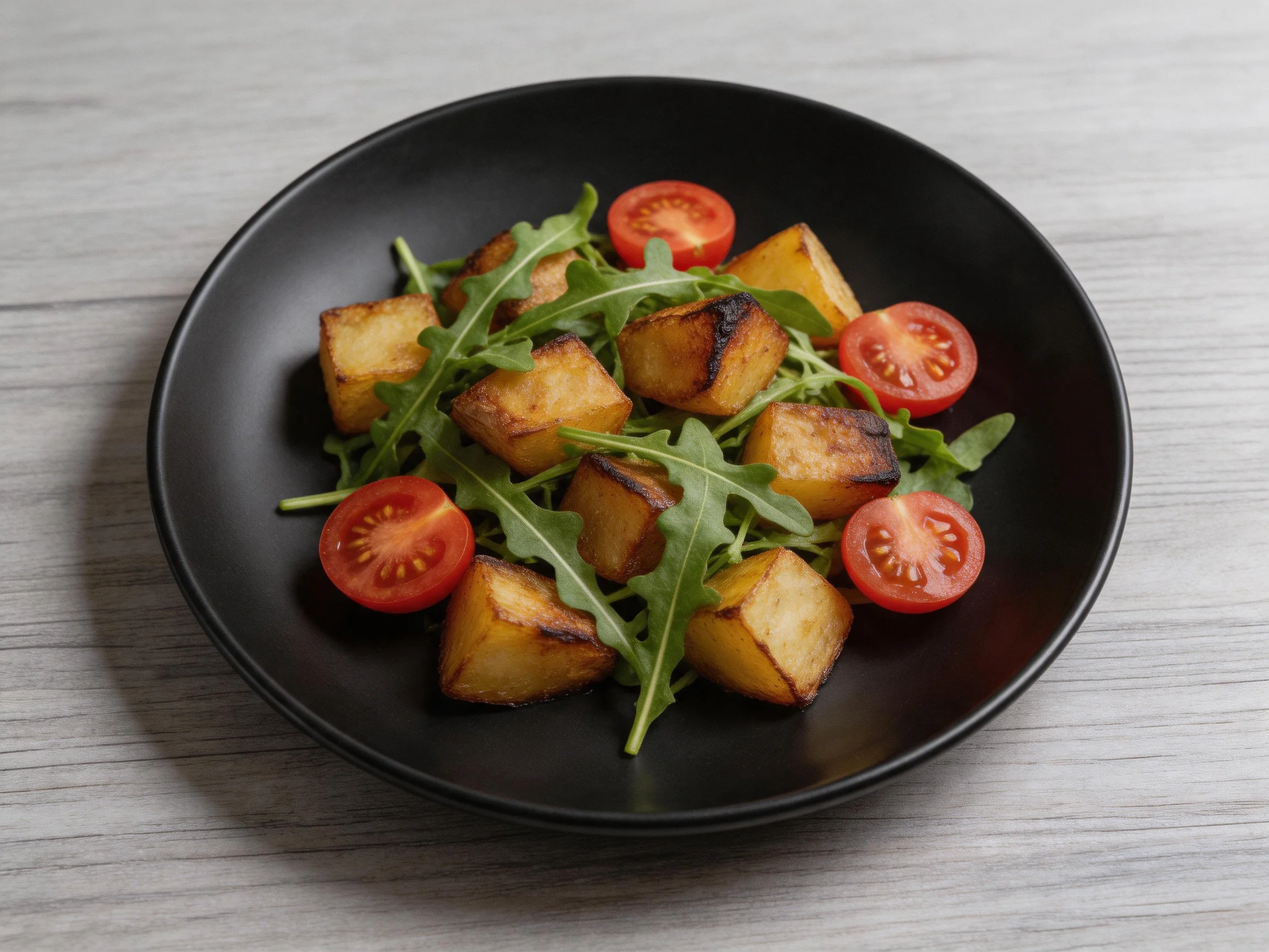Black plate featuring golden-brown roasted potatoes, cherry tomatoes, and fresh arugula greens