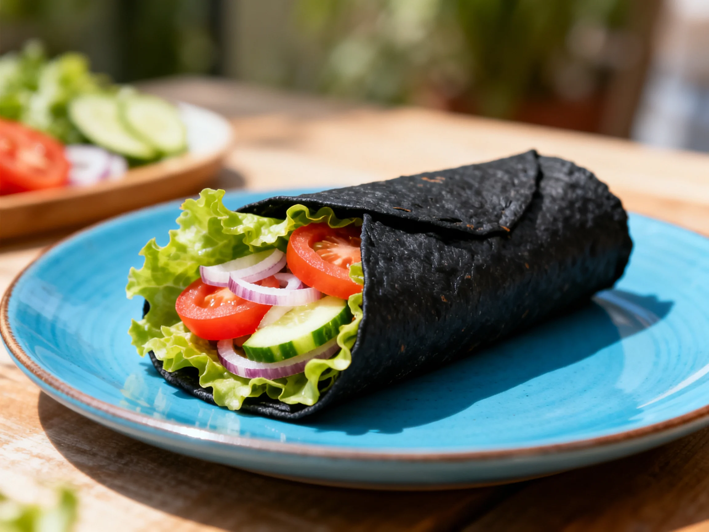 Black tortilla wrap with fresh vegetables on a blue plate
