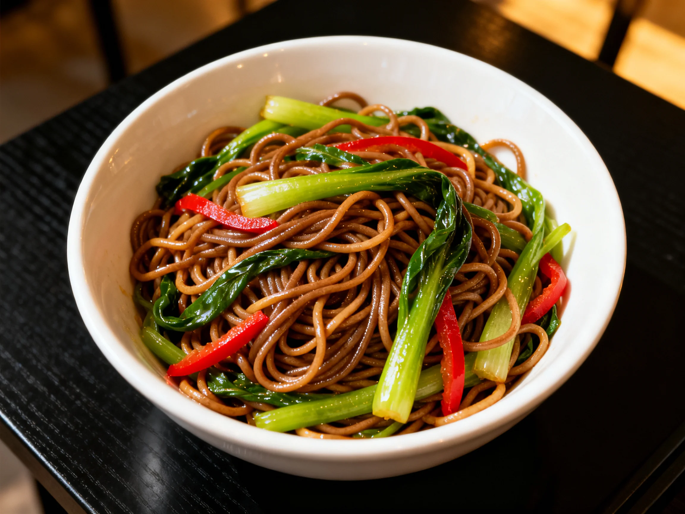 Bowl of brown noodles with green vegetables and red pepper strips