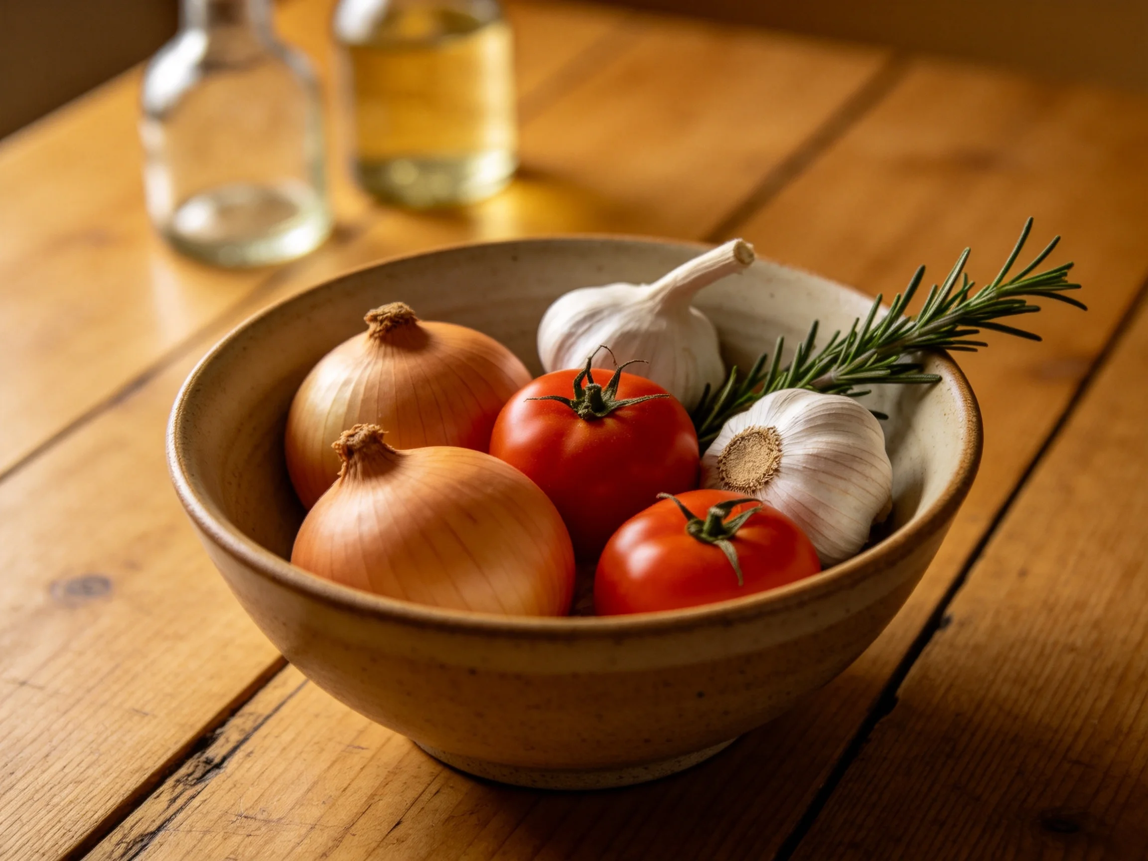 Bowl of fresh vegetables with onions, tomatoes, garlic, and rosemary on wooden table