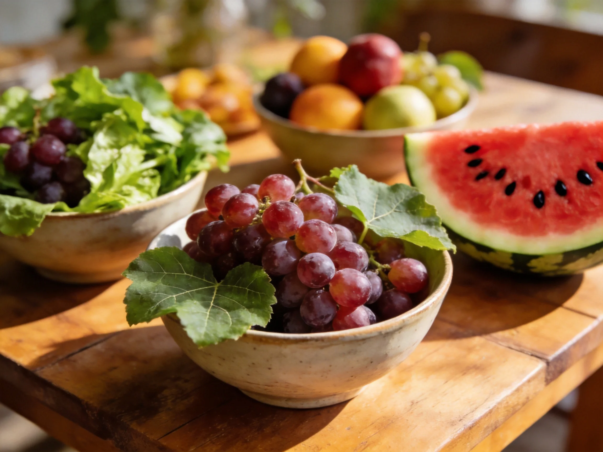 Bowls of grapes, mixed fruits, and a watermelon slice on a wooden table