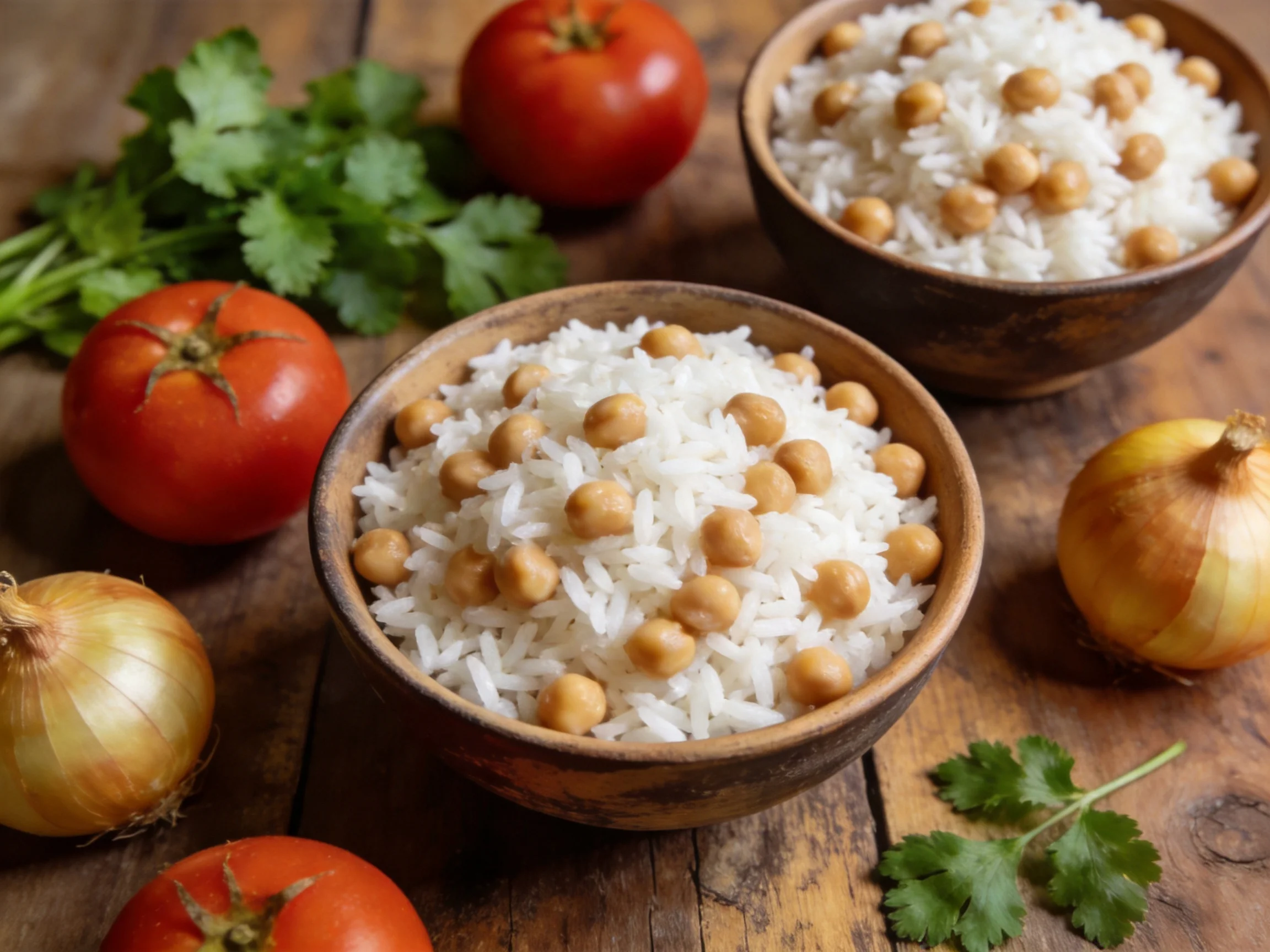 Bowls of rice with chickpeas, tomatoes, onions, and cilantro on rustic wood