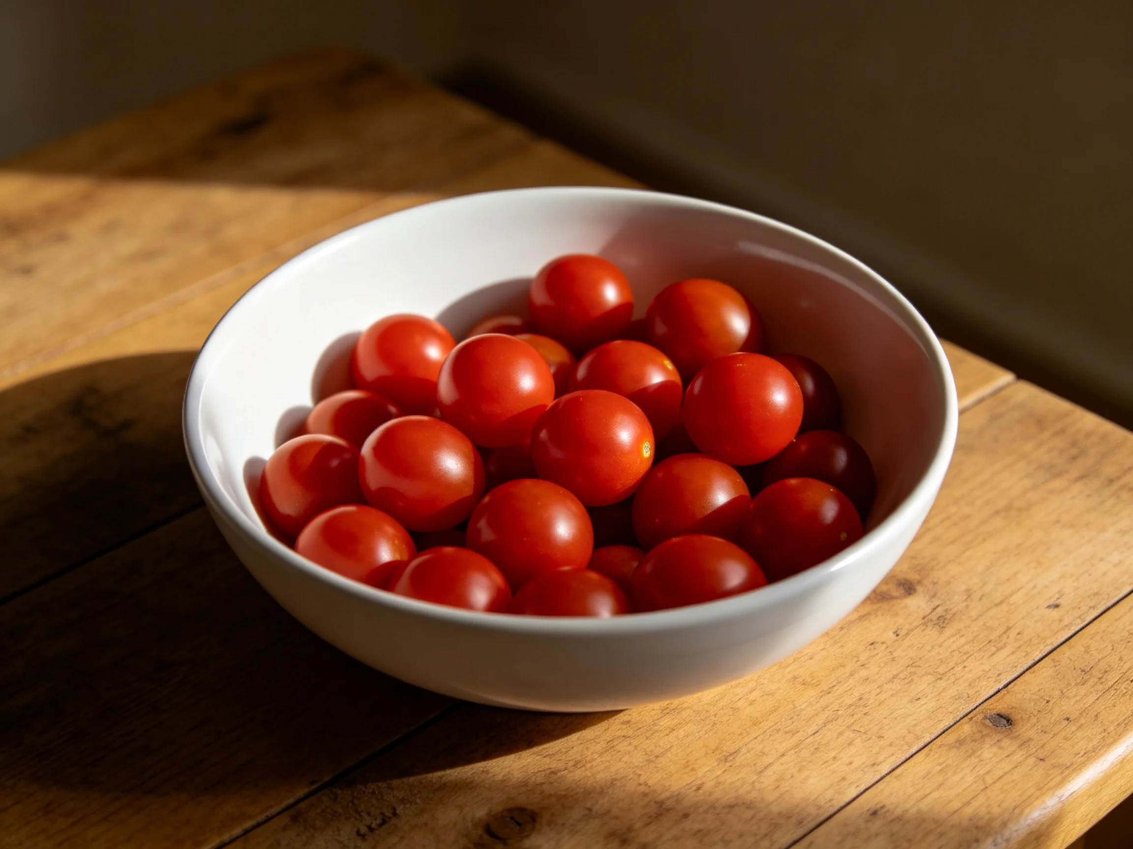 Bright cherry tomatoes fill a white bowl on a wooden table