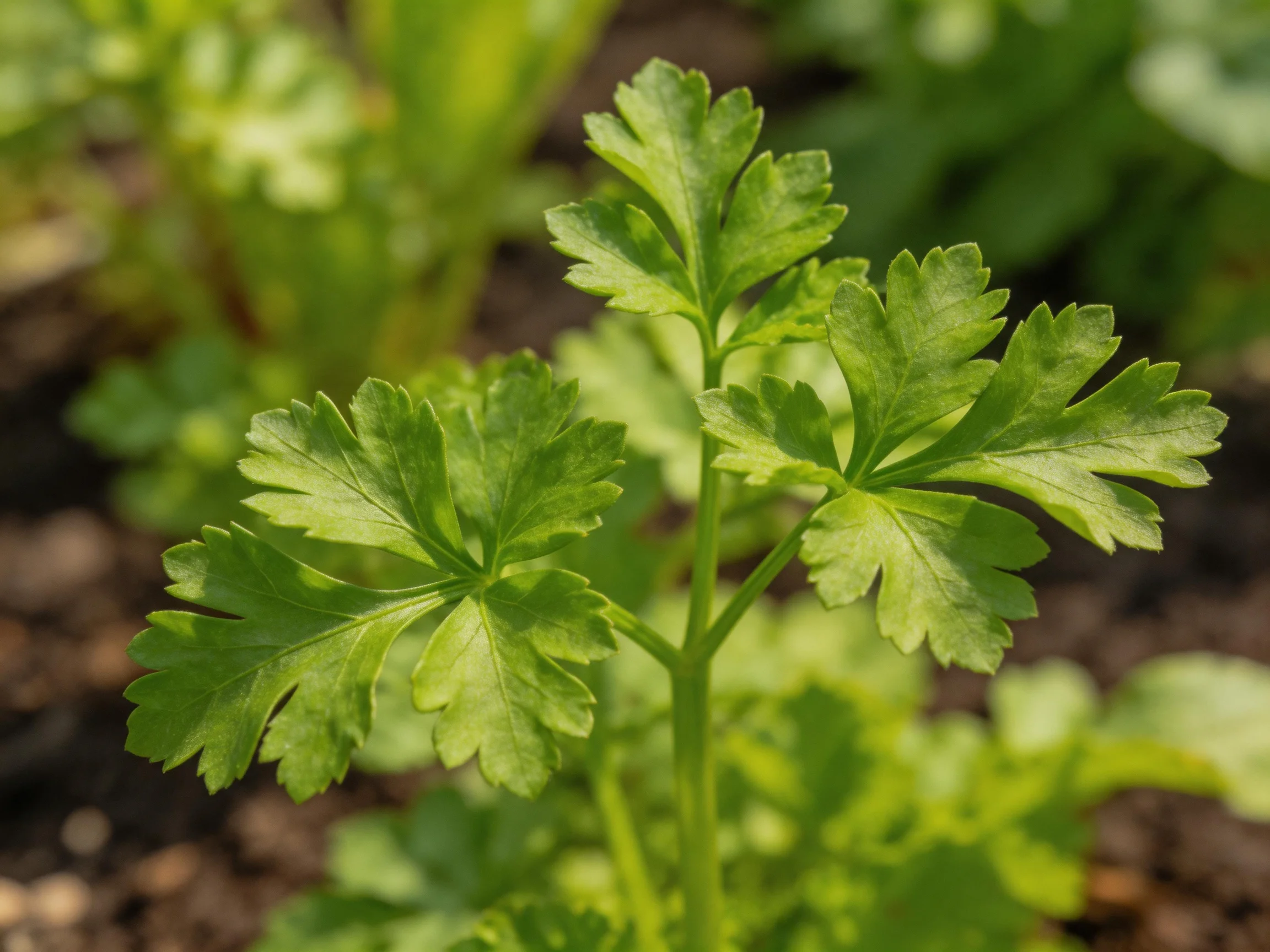 Bright green herb plant with serrated leaves in garden setting