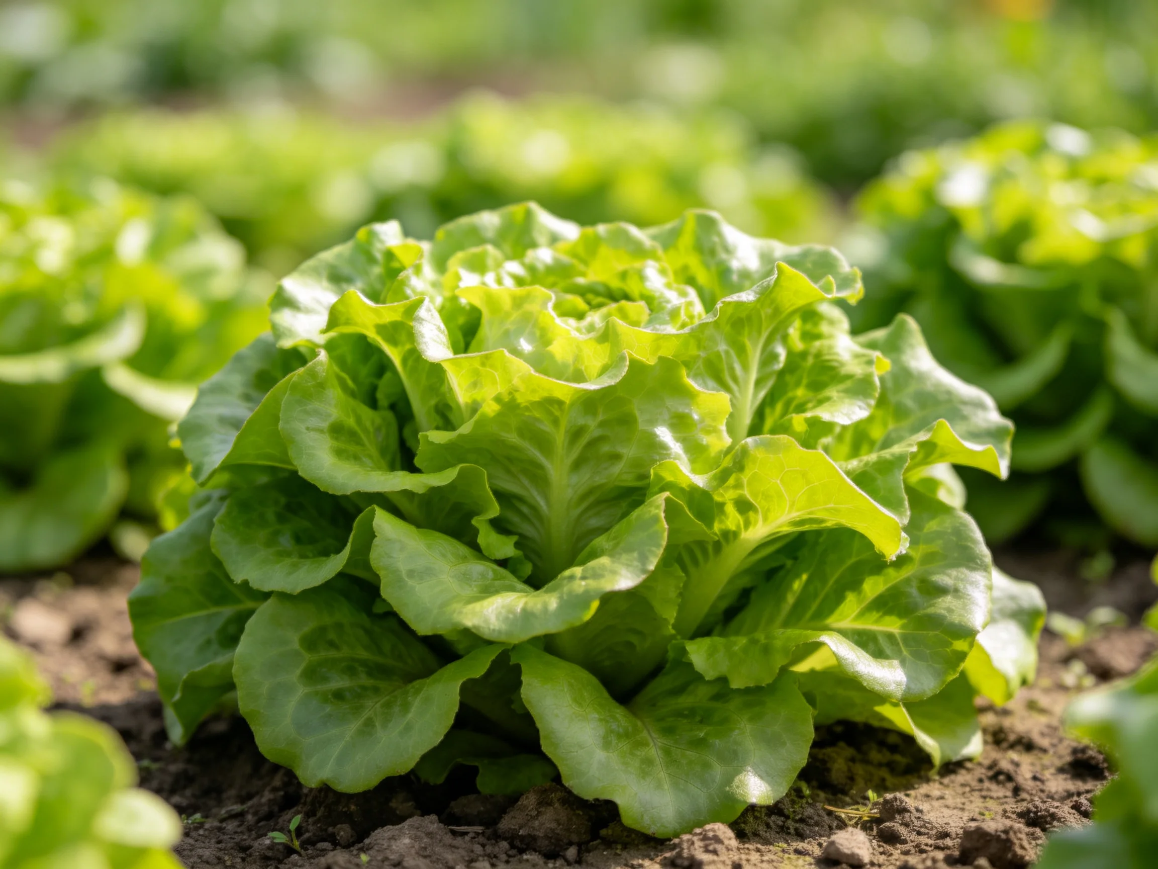 Bright green lettuce heads growing in sun-drenched garden soil