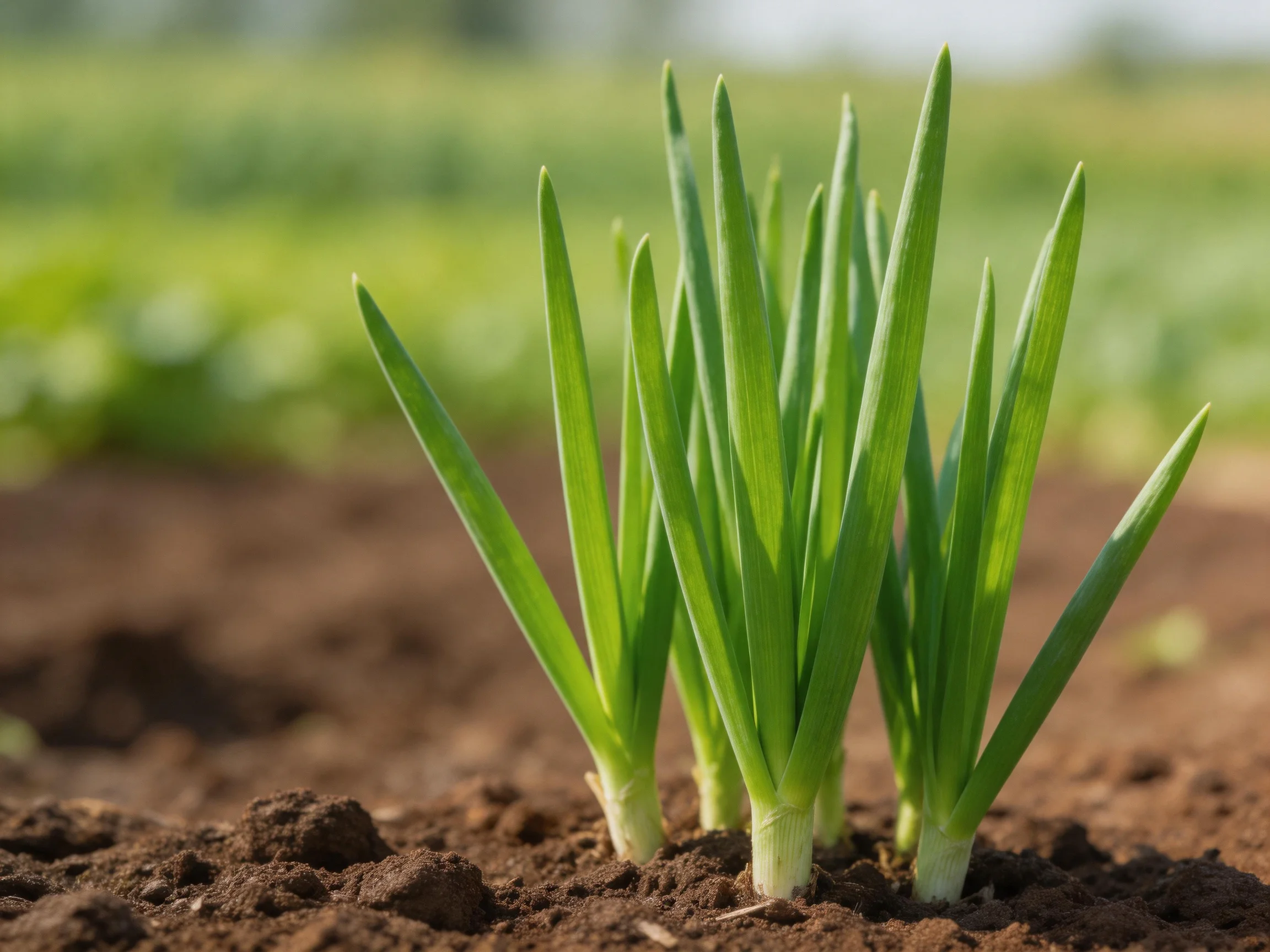 Bright green onion seedlings grow in dark brown soil with blurred green background
