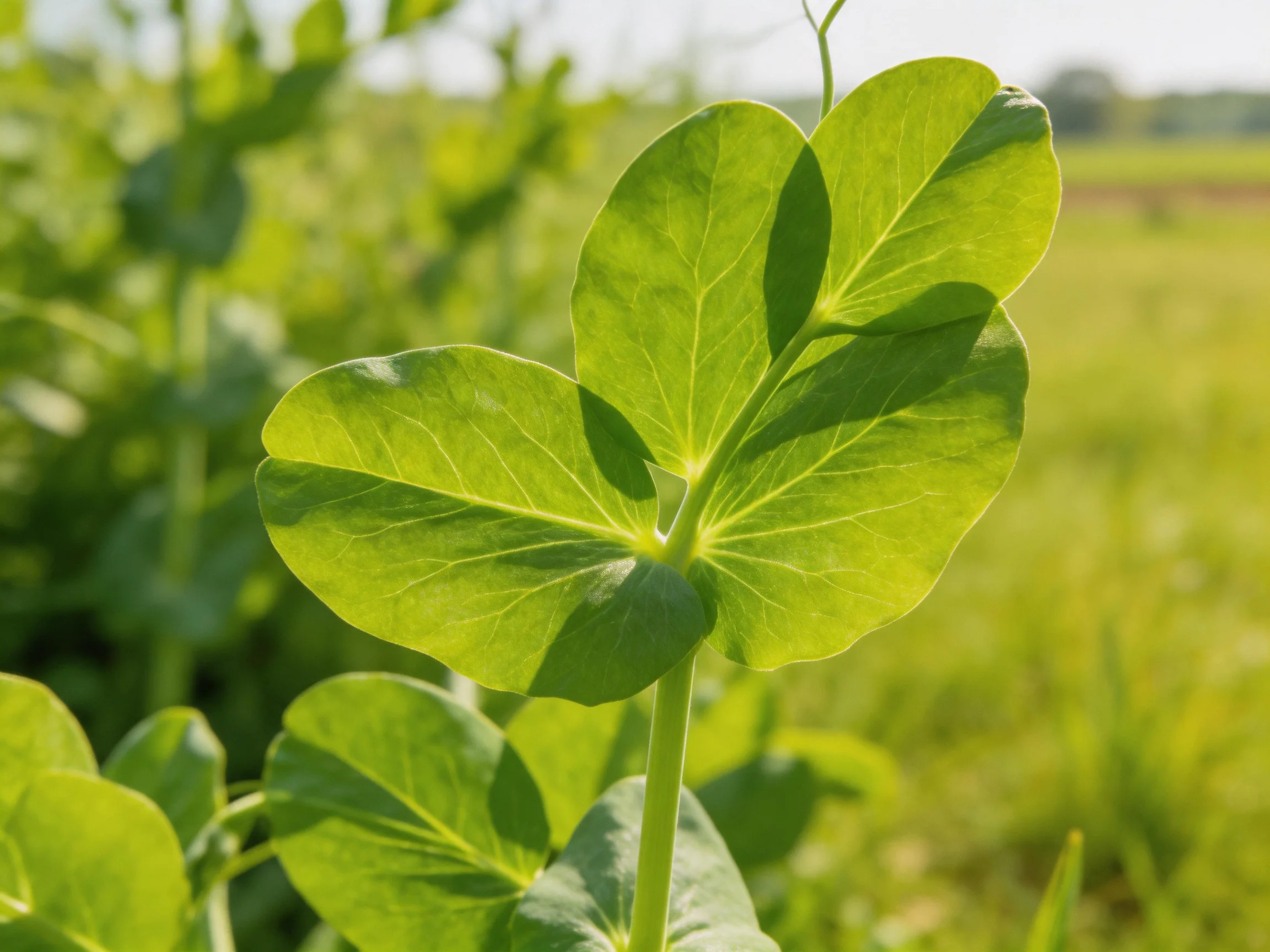 Bright green pea plant leaves illuminated by sunlight in an open field