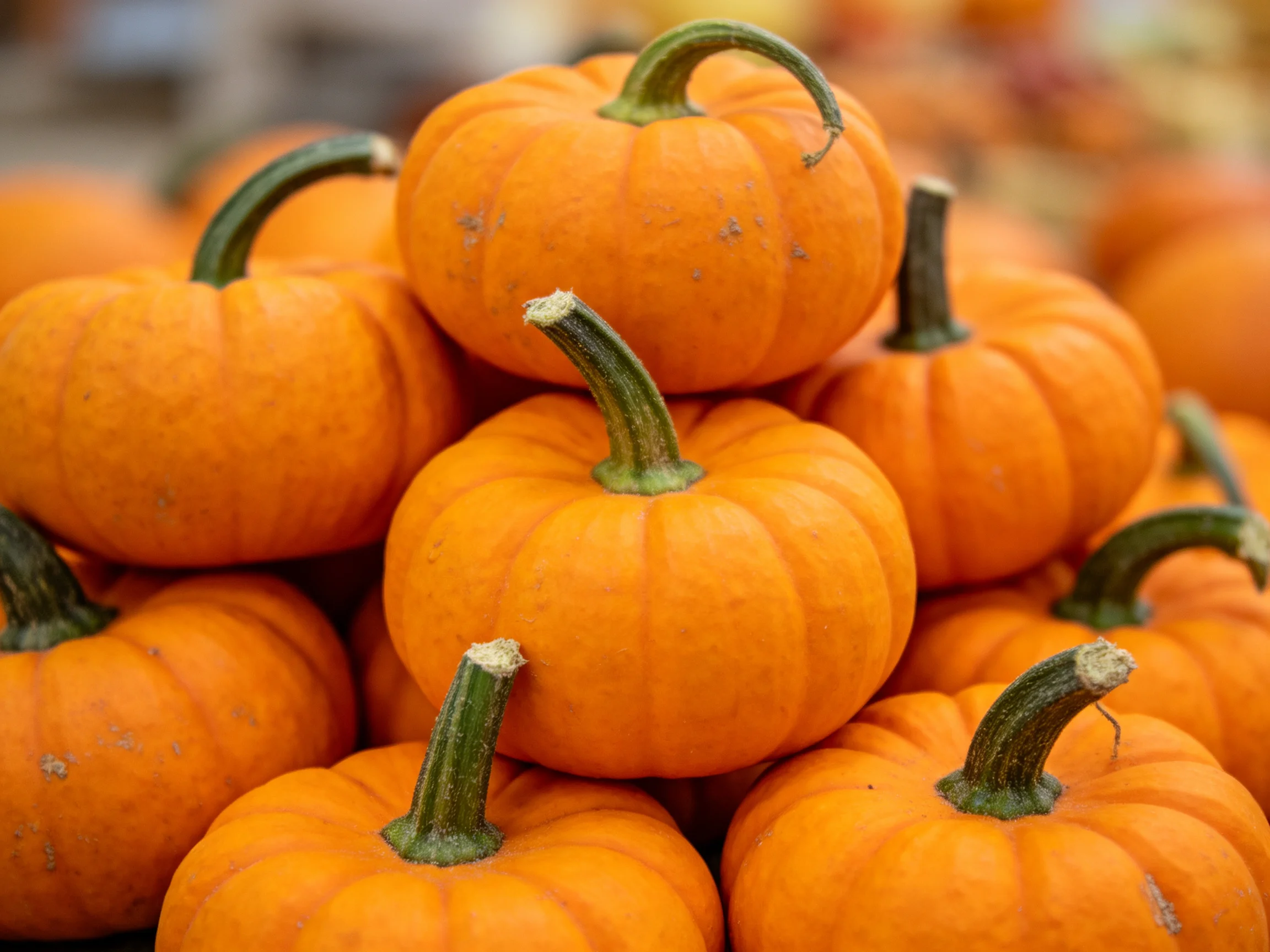 Bright orange miniature pumpkins stacked in a dense arrangement