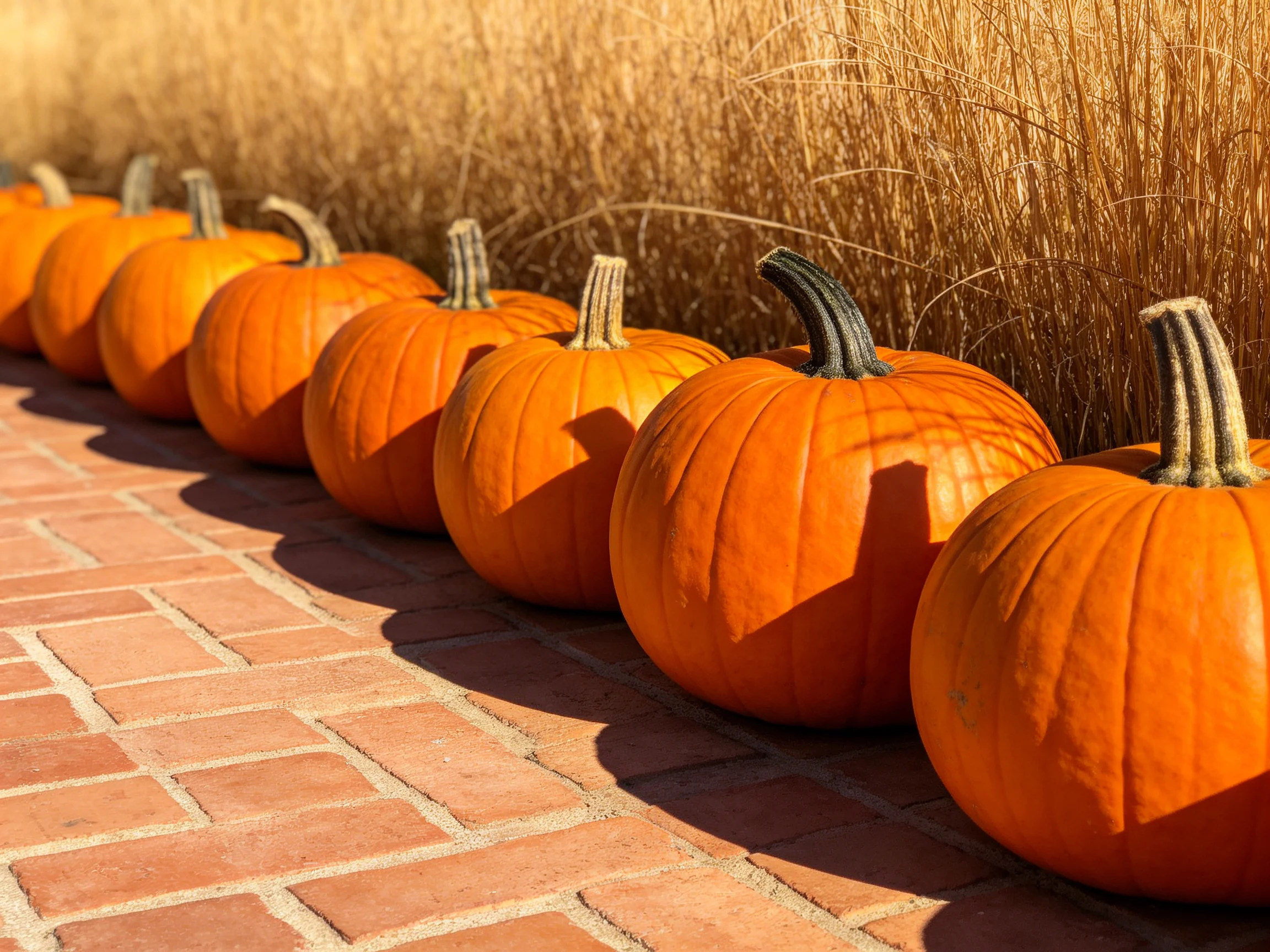 Bright orange pumpkins lined along a brick path with golden grass