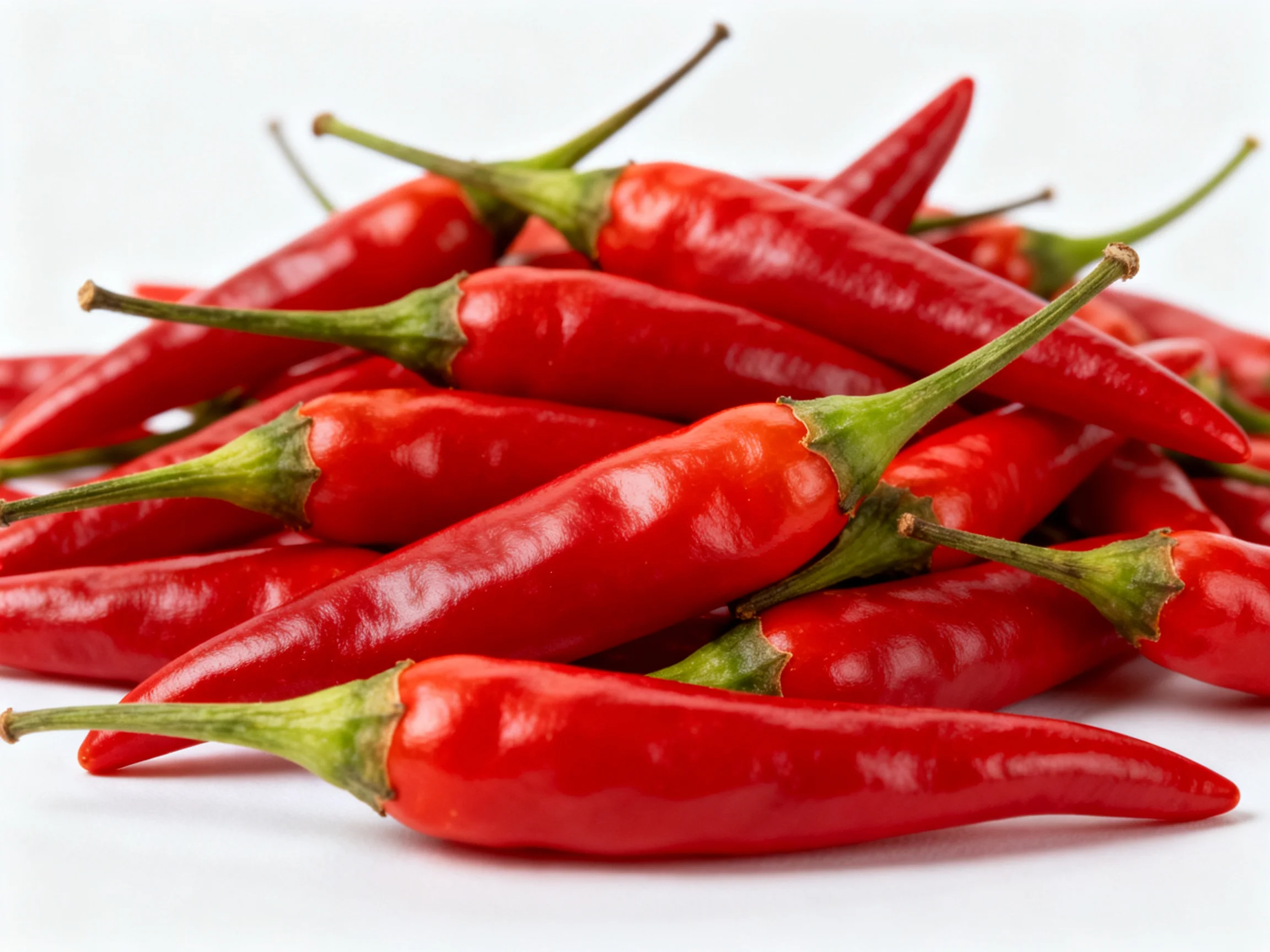 Bright red chili peppers clustered with green stems
