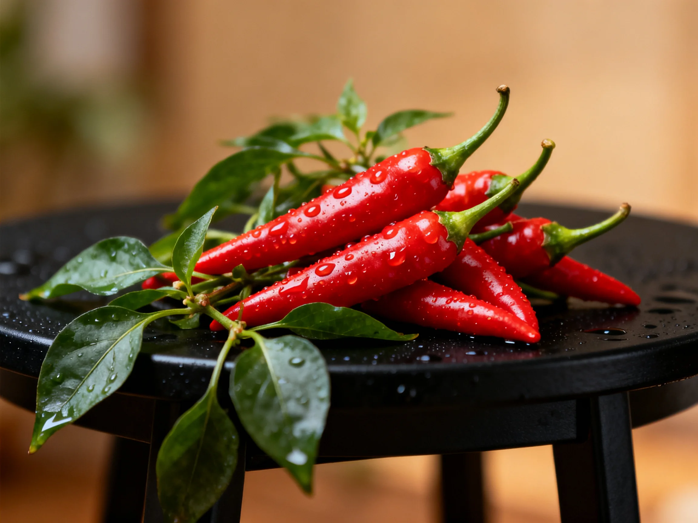 Bright red chili peppers with green leaves on a black stool, water droplets visible.