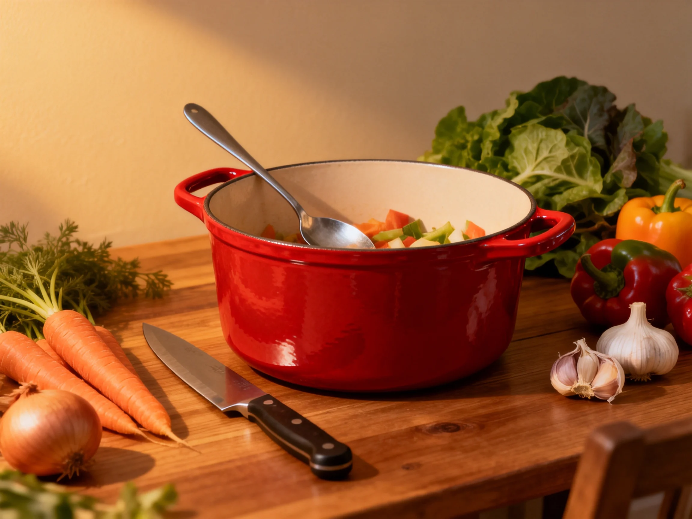 Bright red enameled pot with fresh vegetables on wooden surface