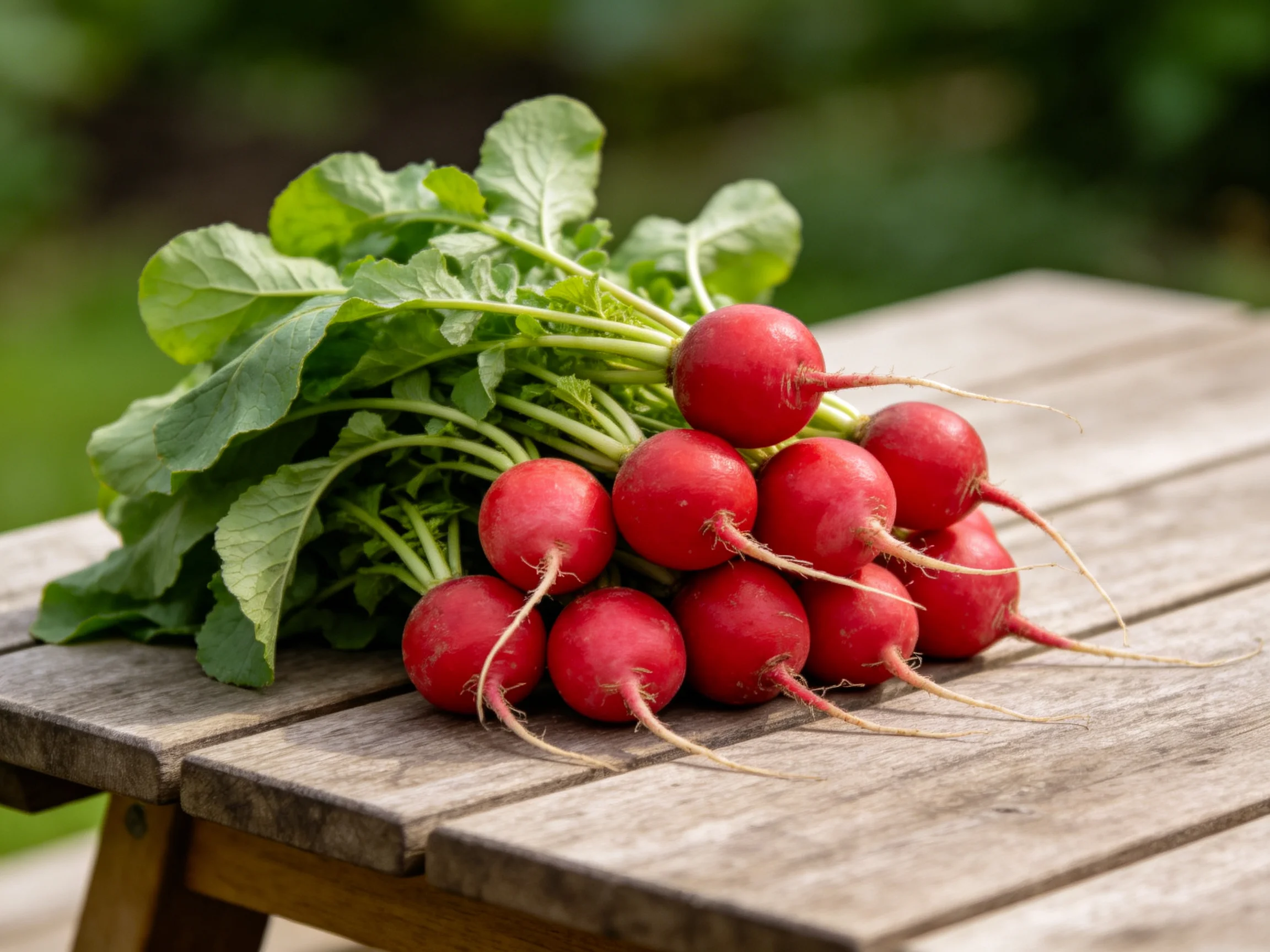 Bright red radishes with green leaves on a weathered wooden table